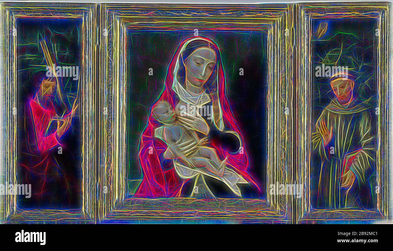 Madonna and Child (panneau central), STS, ., Andreas et Francis (aile intérieure), vers 1530, huile sur chêne, 31,5 x 26,5 cm (panneau central) |, 35,5 x 12 cm (aile gauche) |, 36 x 12,5 cm (aile droite), non spécifié, Ambrosius Benson, Lombardei (Mailand?) um 1495–1550 Brügge, repensée par Gibon, design de glanissement chaleureux et gai de la luminosité et des rayons de lumière radiance. L'art classique réinventé avec une touche moderne. La photographie inspirée du futurisme, qui embrasse l'énergie dynamique de la technologie moderne, du mouvement, de la vitesse et révolutionne la culture. Banque D'Images