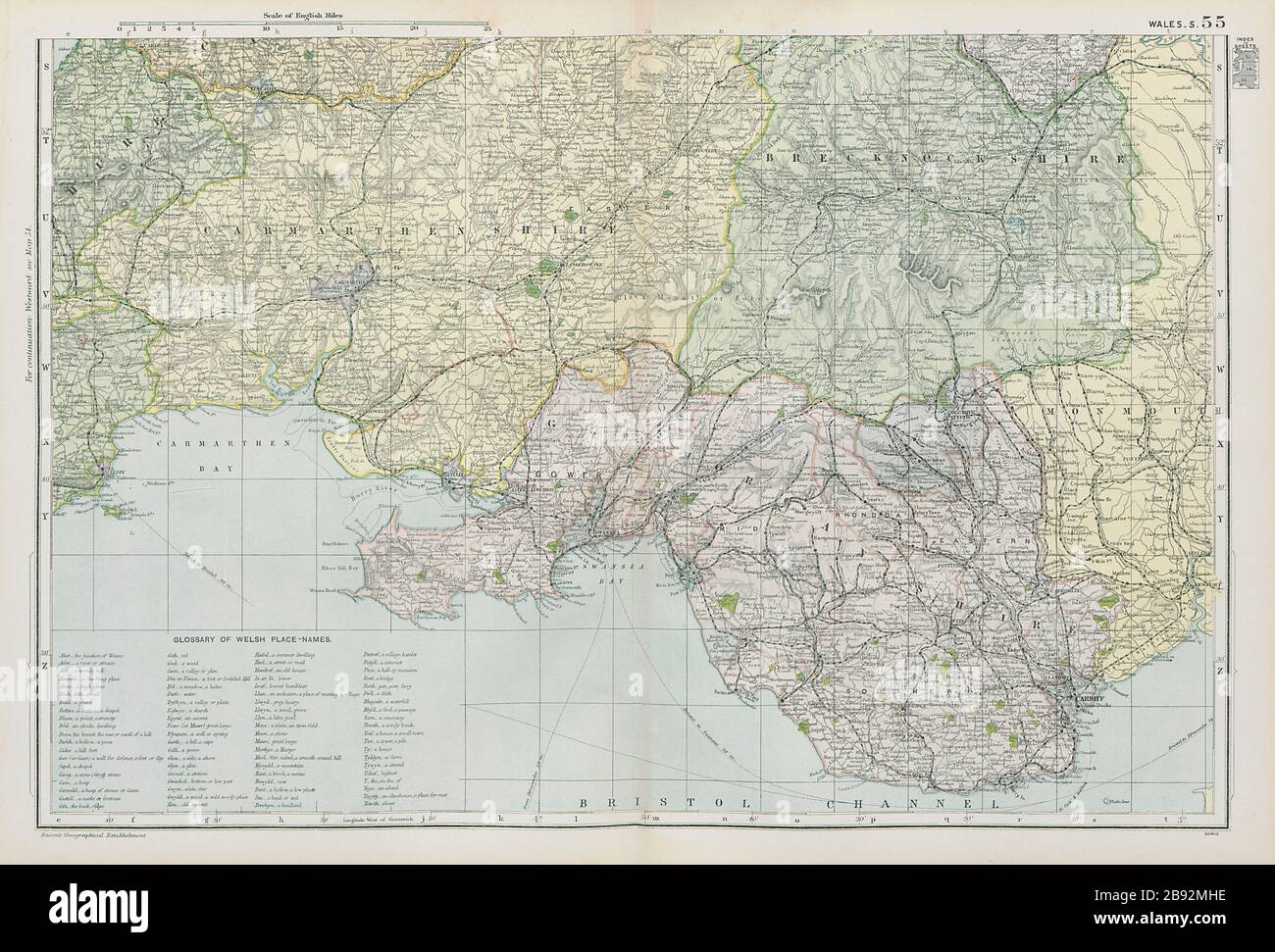 VALLÉES DU SUD DU PAYS DE GALLES/BRECON BEACON.Glamourgan Brecknock Carmarthen.BACON 1900 carte Banque D'Images