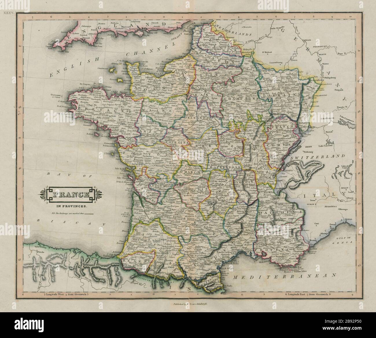 La France dans les provinces. France pré-révolutionnaire. LIZARS 1842 ancienne carte antique Banque D'Images