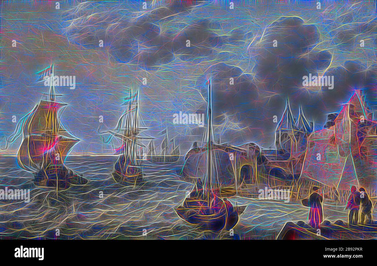 Port néerlandais avec bateaux à voile, huile sur chêne, 54,5 x 85,5 cm, monogrammed en bas à droite sur plate-forme en bois: A.W., f, ., Adam Willaerts, Antwerpen 1577–1664 Utrecht, repensé par Gibon, design de glanissement chaud et gai de luminosité et de rayons de lumière radiance. L'art classique réinventé avec une touche moderne. La photographie inspirée du futurisme, qui embrasse l'énergie dynamique de la technologie moderne, du mouvement, de la vitesse et révolutionne la culture. Banque D'Images