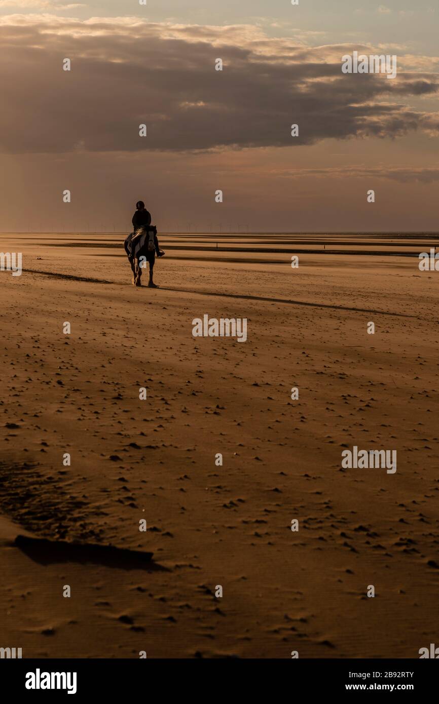 Cheval et cavalier à la plage de Talaacre sur la côte nord du Pays de Galles Banque D'Images