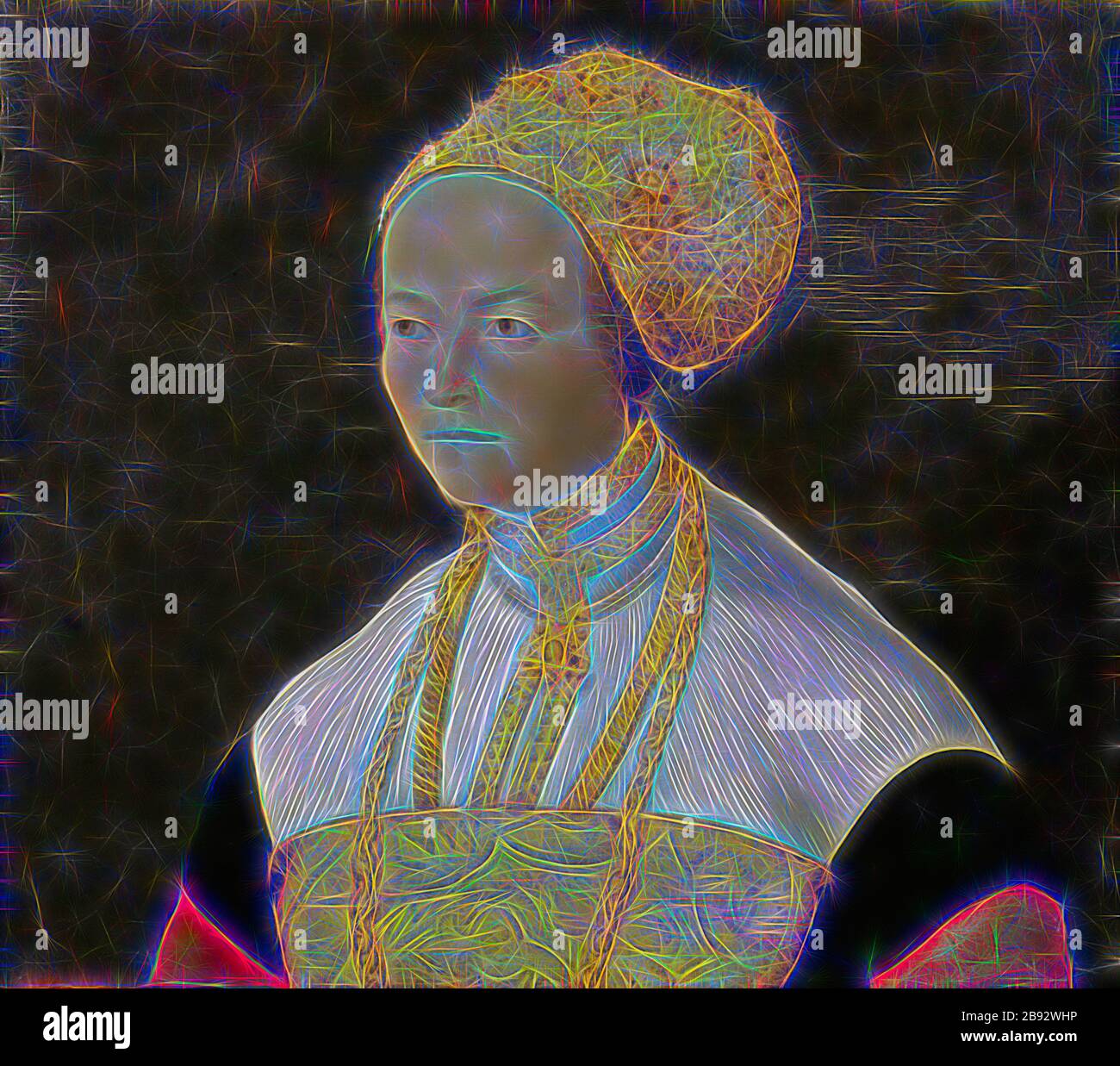 Portrait d'une femme de trente ans, huile sur chêne, 50 x 58 cm, Süddeutscher Meister, 16. JH., (Kopie nach / copie après), repensé par Gibon, design de gai chaud gai brillant de luminosité et de rayons de lumière radiance. L'art classique réinventé avec une touche moderne. La photographie inspirée du futurisme, qui embrasse l'énergie dynamique de la technologie moderne, du mouvement, de la vitesse et révolutionne la culture. Banque D'Images