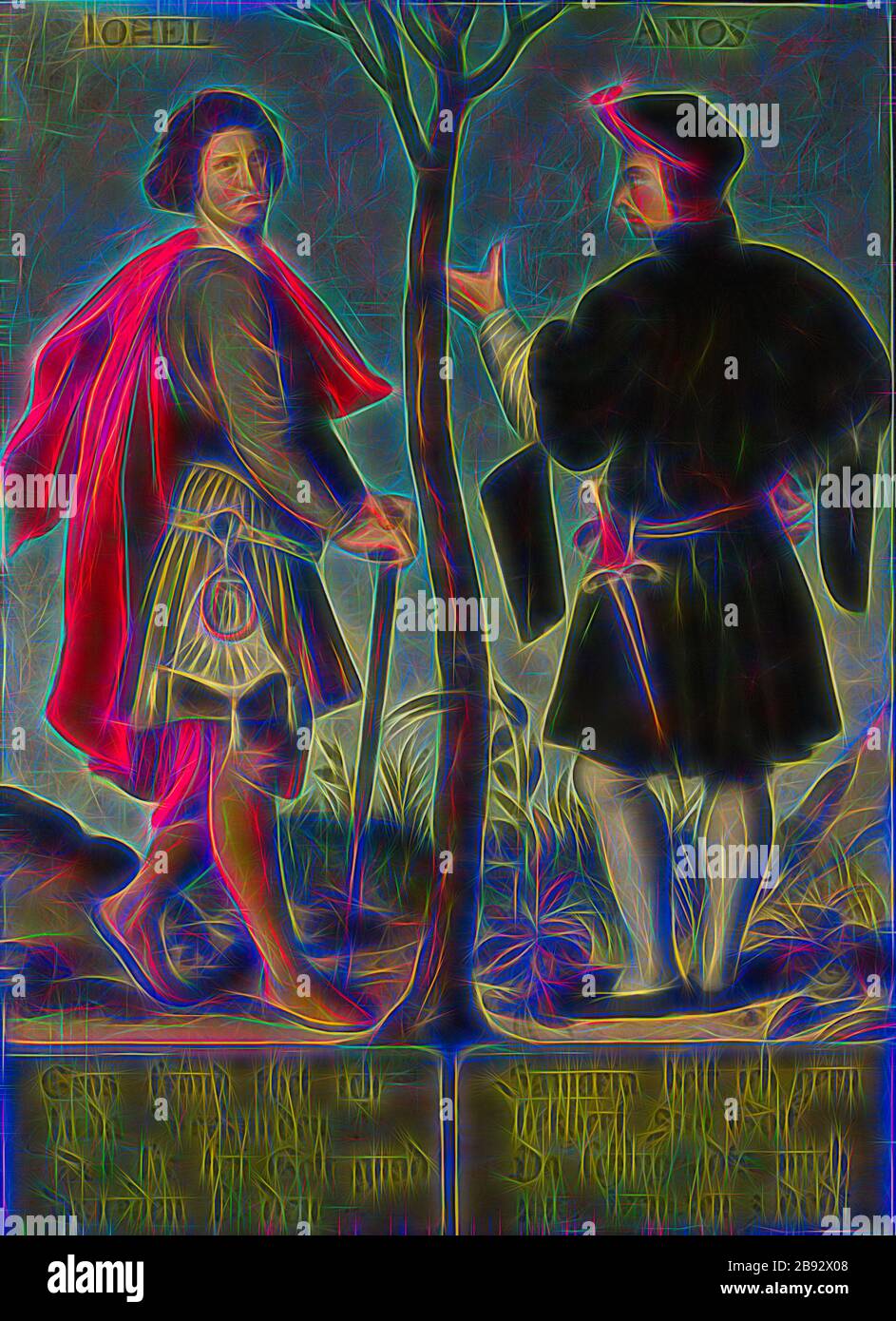 Les prophètes Joel et Amos, huile sur toile, 105 x 76 cm, sans marque, sur les figures: IOMEL et AMOS, en bas à gauche: Gros fro [e] eud thet je vous annonce, Juda, qu'ils trouveront avec Dieu, en bas à droite: Samarie J'aime haïr, bekoert zuo God, car me glisse, mitt tremelen z dodt., Bartholomäus Sarburgh, Trier um 1590 – nach 1637 Niederlande, Hans Holbein d. J., (Kopie nach / copy after), Augsburg um 1497/98–1543 Londres, repensé par Gibon, conception de gai gai chaleureux de luminosité et de rayons de lumière radiance. L'art classique réinventé avec une touche moderne. Photographie inspirée du futurisme, embrassant Banque D'Images