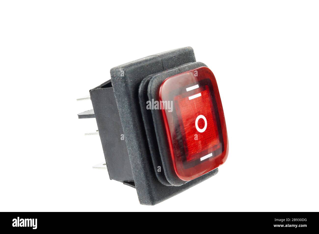 interrupteur électronique à trois positions avec rétroéclairage rouge sur fond blanc, isoler Banque D'Images
