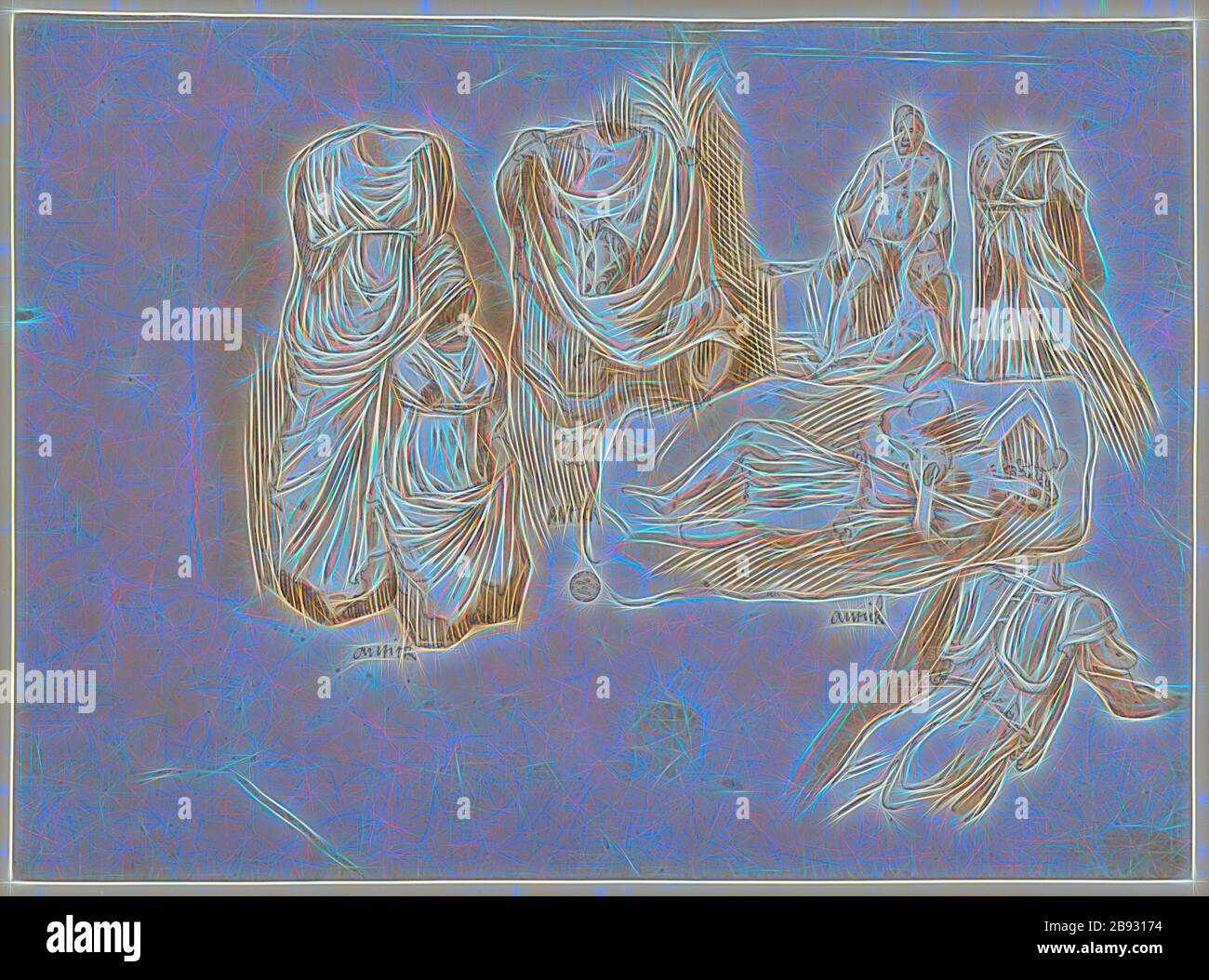 Statue de Polyphemus (Palazzo Barbo), Dead Amazone (Palazzo Medici), autres sculptures non identifiées, 1541/47, plume en marron, marron marron, feuille : 21,7 x 29,4 cm, inscrite : antique, ANTICK, antique, verso U., r.: W, r. O., numérotée de craie rouge : 23, Frans Floris de Vriendt I., Antwerpen 1519/20–1570 Antwerpen, repensé par Gibon, design de gai gai chaleureux de luminosité et de rayons de lumière radiance. L'art classique réinventé avec une touche moderne. La photographie inspirée du futurisme, qui embrasse l'énergie dynamique de la technologie moderne, du mouvement, de la vitesse et révolutionne la culture. Banque D'Images