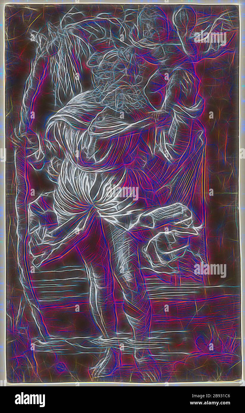 The hl., Christophorus, plume en noir, accentuée en blanc, sur papier apprêté brun foncé, folia: 33,2 x 20,6 cm, non marqué, Hans Baldung gen. Grien, (Nachfolger / suiveur), Schwäbisch Gmünd (?) 1484/85–1545 Strassburg, repensé par Gibon, design de gaie chaleureuse de luminosité et de rayonnement de rayons lumineux. L'art classique réinventé avec une touche moderne. La photographie inspirée du futurisme, qui embrasse l'énergie dynamique de la technologie moderne, du mouvement, de la vitesse et révolutionne la culture. Banque D'Images