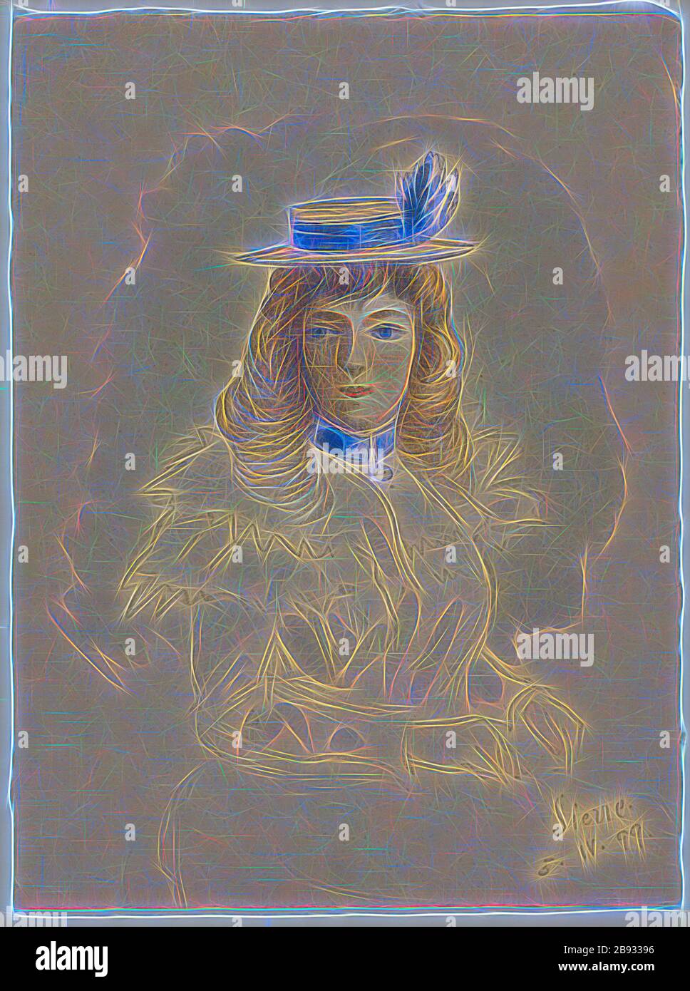 Femme avec chapeau du Front, 1899, crayon, plumes en noir, aquarelle, feuille: 21,8 x 17 cm, U. r., inscrit et daté au crayon: Sierre, 5.IV.99., Paul Franz Otto, 1839–1927, repensé par Gibon, design de glanissement chaleureux de la luminosité et des rayons de lumière. L'art classique réinventé avec une touche moderne. La photographie inspirée du futurisme, qui embrasse l'énergie dynamique de la technologie moderne, du mouvement, de la vitesse et révolutionne la culture. Banque D'Images