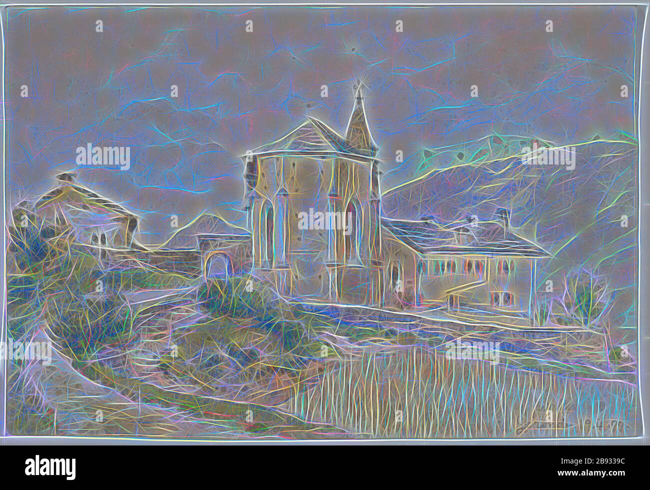 Église de Geronde, 1899, crayon, aquarelle, feuille: 15.7 x 23.2 cm, U. r., inscrit et daté au crayon: Wallis, Geronde 19.4.99., Paul Franz Otto, 1839–1927, réinventé par Gibon, design de glanissement chaleureux et gai de la luminosité et des rayons de lumière radiance. L'art classique réinventé avec une touche moderne. La photographie inspirée du futurisme, qui embrasse l'énergie dynamique de la technologie moderne, du mouvement, de la vitesse et révolutionne la culture. Banque D'Images