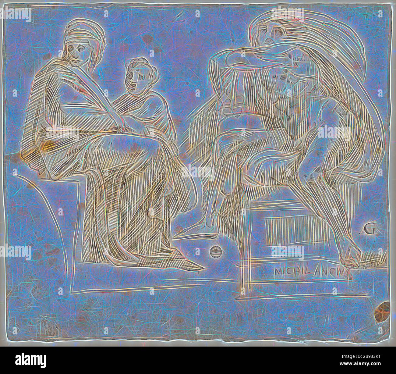 Deux croquis après la fresque du plafond Michel-Ange dans la Chapelle Sitine: Femme assise et garçon des ancêtres du Christ, esclave, 1541/47, plume en marron, sur dessin préliminaire avec craie rouge, feuille: 21.4 x 24.3 cm, U. r., désignée: MICHIL ANCIVS, r., au sujet de: G, O. r., numérotée avec craie rouge: 7 [2?], inscrit au verso: Anticka, Frans Floris de Vriendt I., (Kopie nach (?) / copie après (?)), Antwerpen 1519/20–1570 Antwerpen, repensé par Gibon, design de gai gai chaud de luminosité et de rayons de lumière radiance. L'art classique réinventé avec une touche moderne. Photographie inspirée de f Banque D'Images