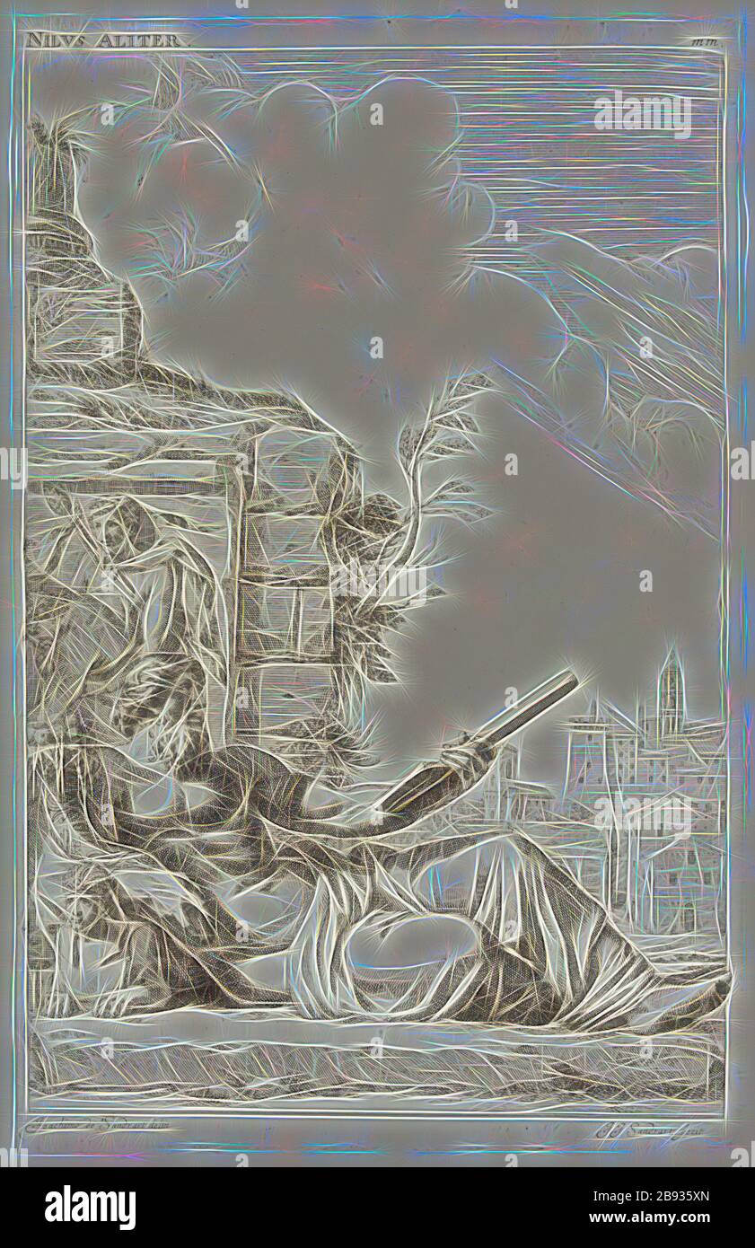 Johann Jacob Sandrart, allemand, 1655-1698, après Joachim von Sandrart I, allemand, 1606-1688, Statue du Nil à Rome, ch. 1683, gravure et gravure imprimées en noir sur papier ponté, plaque: 12 3/4 x 8 1/4 in., repensée par Gibon, conception de glanage chaleureux et gai de luminosité et de rayons de lumière radiance. L'art classique réinventé avec une touche moderne. La photographie inspirée du futurisme, qui embrasse l'énergie dynamique de la technologie moderne, du mouvement, de la vitesse et révolutionne la culture. Banque D'Images