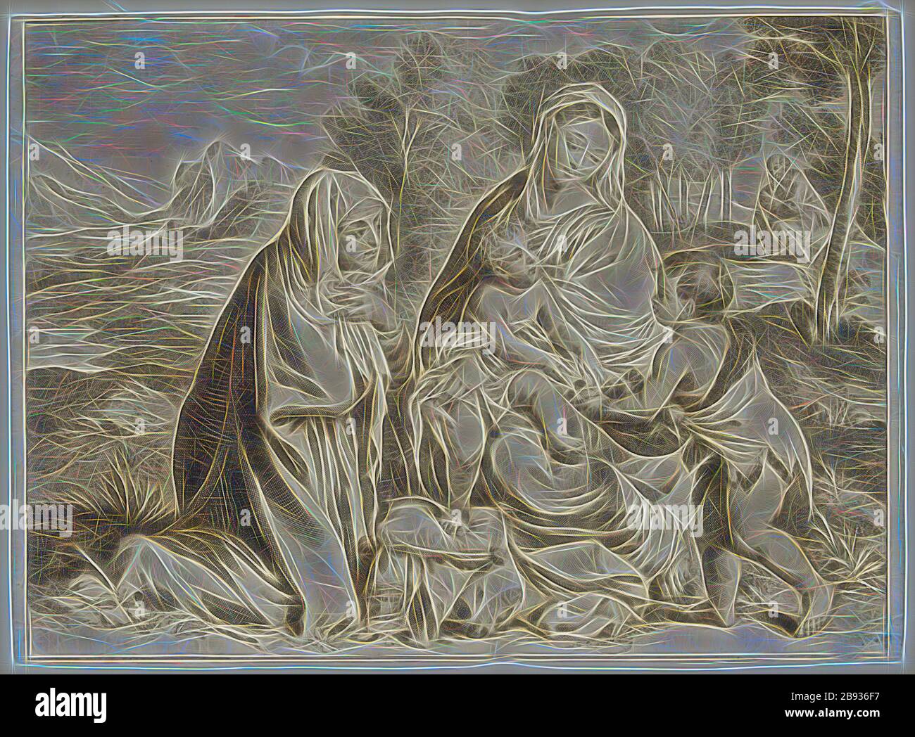 Cornelius Visscher, Néerlandais, 1619-1662, après Palma Vecchio, Italien, 1480-1528, Sainte famille dans un paysage, entre 1619 et 1662, gravure imprimée à l'encre noire sur papier ponté, feuille (taillée dans la marque de la plaque) : 27,9 × 39,4 cm (11 × 15 1/2 pouces), repensé par Gibon, design de brillant chaleureux de luminosité et de rayonnement de rayons lumineux. L'art classique réinventé avec une touche moderne. La photographie inspirée du futurisme, qui embrasse l'énergie dynamique de la technologie moderne, du mouvement, de la vitesse et révolutionne la culture. Banque D'Images