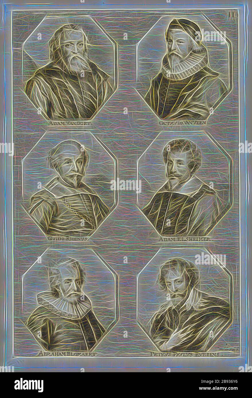 Johann Georg Waldreich, allemand, 1680-1680, Portraits d'Adam van Noort, Otto Veen, Guido Reni, Adam Elsheimer, Abraham Blomaert, Petrus Paulus, Rubbens, XVIe siècle, gravure à l'encre noire sur papier ponté, plaque : 31,1 × 20,6 cm (12 1/4 × 8 1/8 pouces), repensé par Gibon, design de brillant chaleureux de luminosité et de rayonnement des rayons de lumière. L'art classique réinventé avec une touche moderne. La photographie inspirée du futurisme, qui embrasse l'énergie dynamique de la technologie moderne, du mouvement, de la vitesse et révolutionne la culture. Banque D'Images