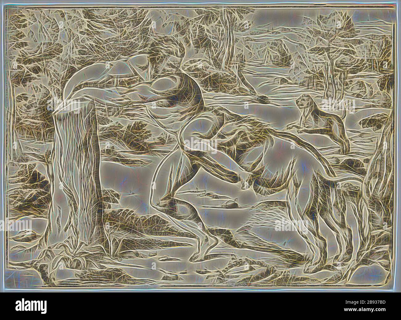 Niccolò Boldrini, Italien, 1510-1566, Milo attaqué par les Lions, entre 1510 et 1566, coupe de bois imprimé à l'encre noire sur papier ponté, image: 11 7/8 × 16 1/4 pouces (30.2 × 41.3 cm), repensé par Gibon, design de glanissement chaleureux et de rayons de lumière radiance. L'art classique réinventé avec une touche moderne. La photographie inspirée du futurisme, qui embrasse l'énergie dynamique de la technologie moderne, du mouvement, de la vitesse et révolutionne la culture. Banque D'Images