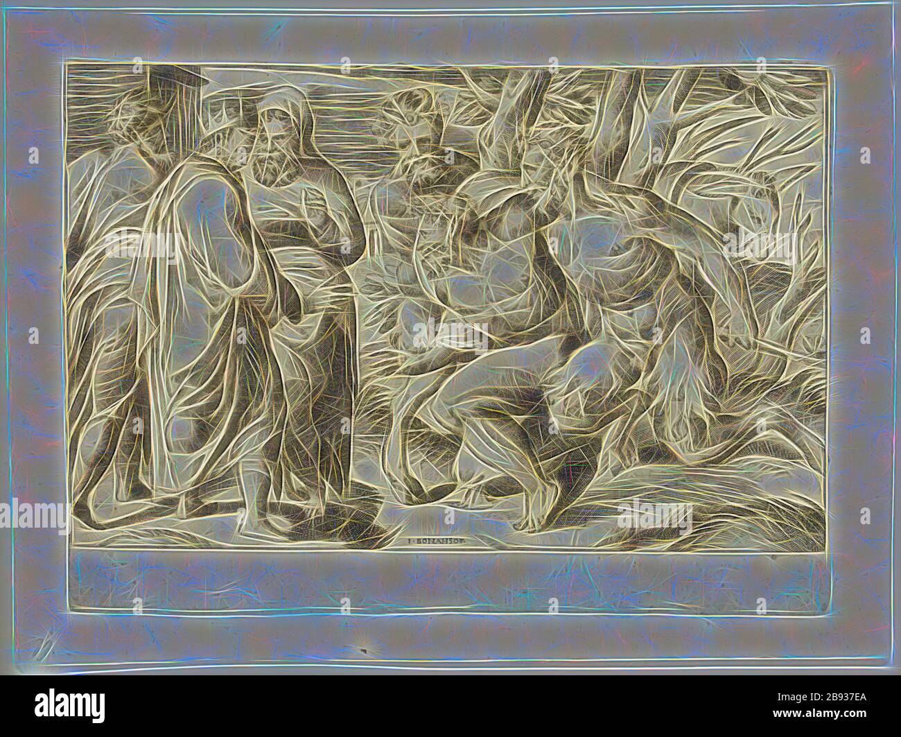 Guilio di Antonio Bonasone, italien, 1498-1580, deux satyres apportent Silenus au roi Midas, entre 1500 et 1580, gravure imprimée à l'encre noire sur papier ponté, plaque: 6 1/4 × 8 5/8 pouces (15.9 × 21.9 cm), repensée par Gibon, conception de glanissement chaud et de rayons de lumière. L'art classique réinventé avec une touche moderne. La photographie inspirée du futurisme, qui embrasse l'énergie dynamique de la technologie moderne, du mouvement, de la vitesse et révolutionne la culture. Banque D'Images