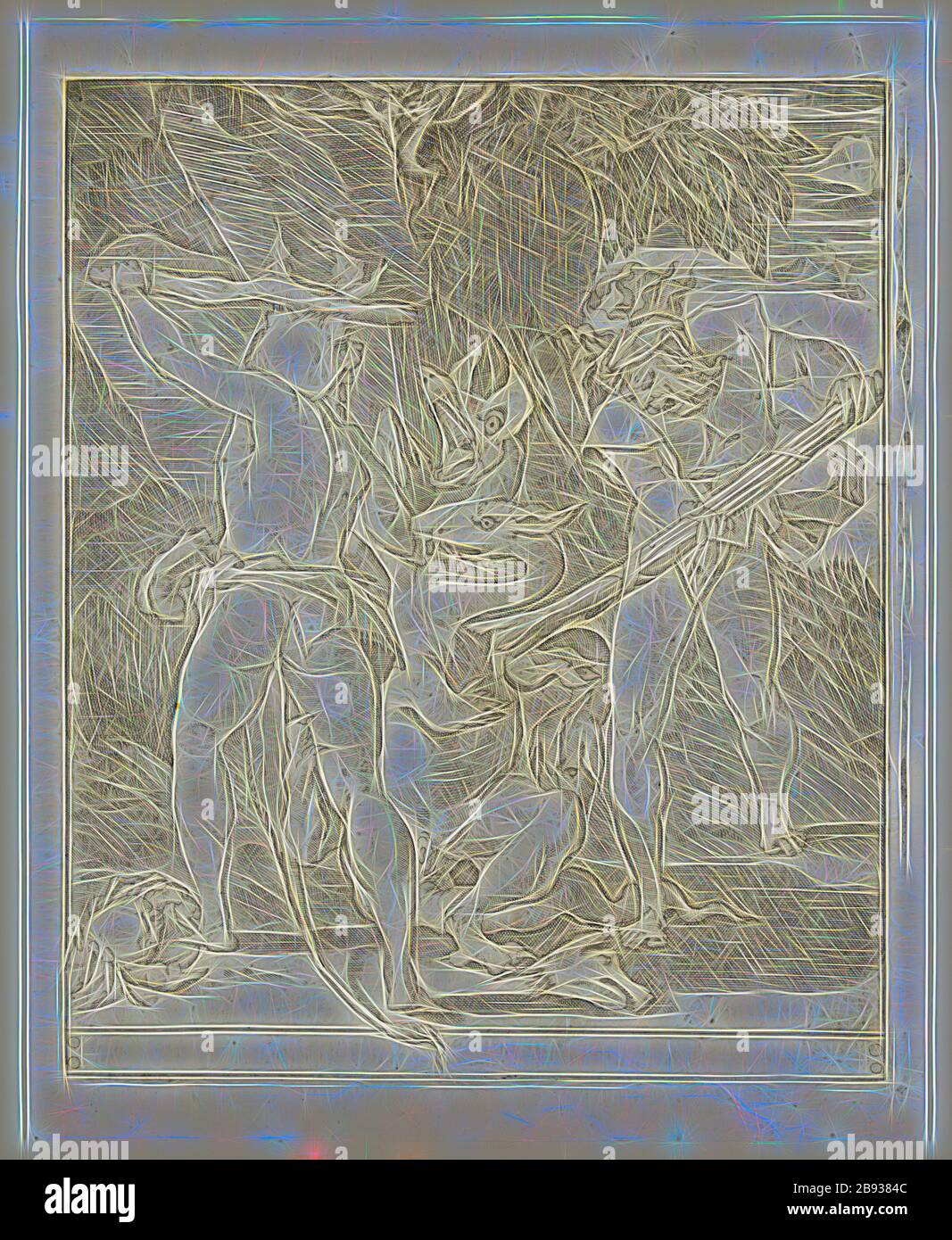 GIAN Jacopo Caraglio, Italien, 1500-1570, Hercules tuant l'Hydra de Lerna, entre 1500 et 1570, gravure imprimée à l'encre noire sur papier ponté, plaque: 8 5/8 × 7 1/8 pouces (21.9 × 18.1 cm), repensée par Gibon, conception de glanissement chaud et gaie de rayons de lumière radiance. L'art classique réinventé avec une touche moderne. La photographie inspirée du futurisme, qui embrasse l'énergie dynamique de la technologie moderne, du mouvement, de la vitesse et révolutionne la culture. Banque D'Images
