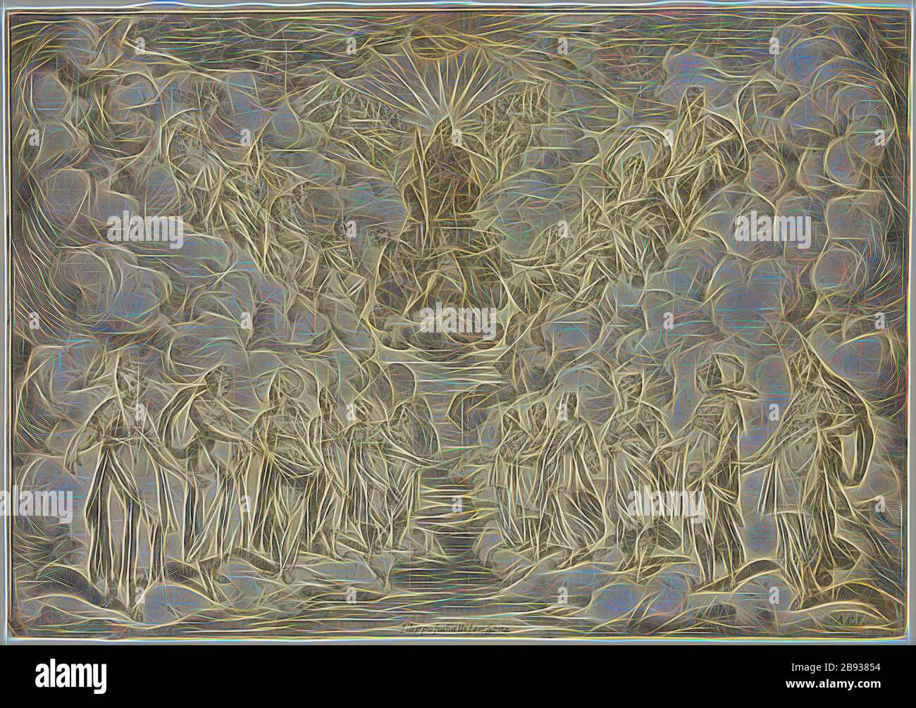 Agostino Carracci, italien, 1557-1602, après Andrea Boscoli, italien, après Bernardo Buontalenti, italien, l'harmonie des sphères, entre 1589 et 1592, gravure et gravure imprimées à l'encre noire sur papier ponté, image: 24.1 × 34.3 cm, repensée par Gibon, design de brillant chaleureux de luminosité et de rayonnement des rayons de lumière. L'art classique réinventé avec une touche moderne. La photographie inspirée du futurisme, qui embrasse l'énergie dynamique de la technologie moderne, du mouvement, de la vitesse et révolutionne la culture. Banque D'Images