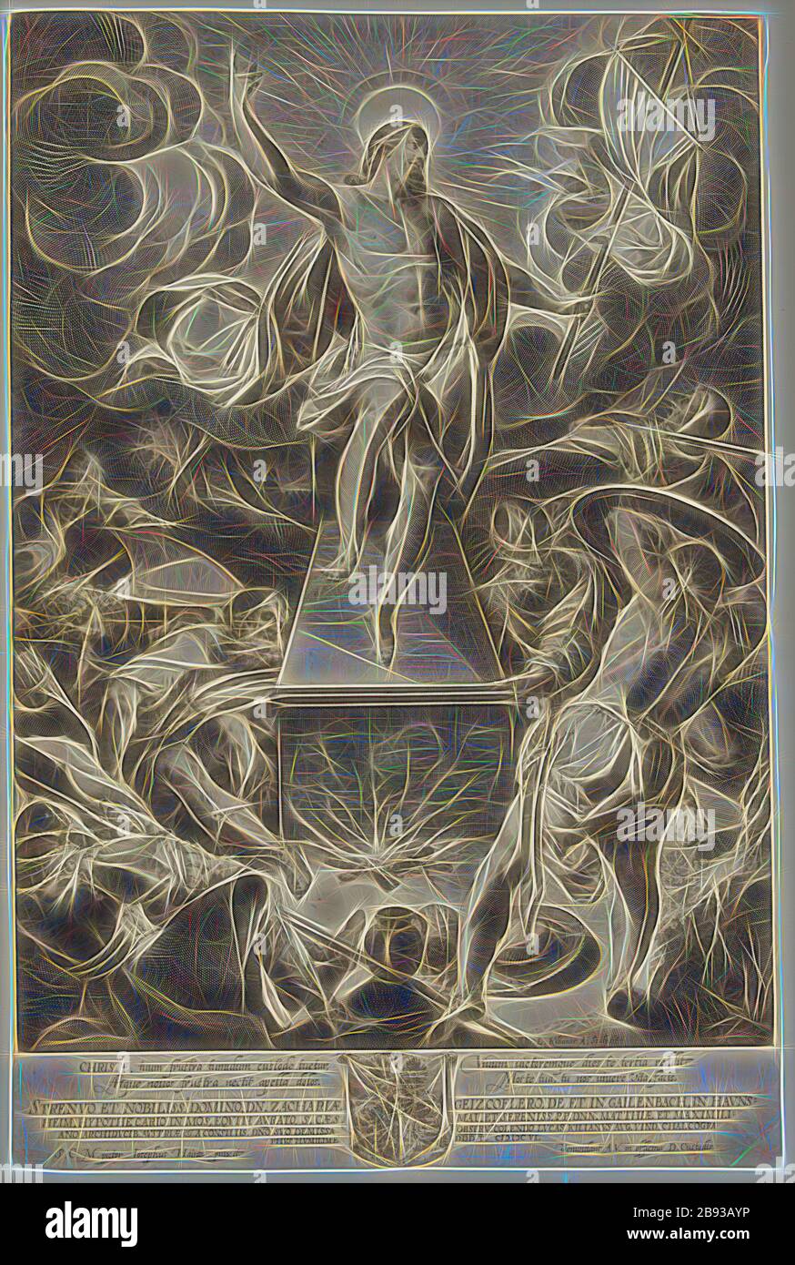 Lucas Kilian, allemand, 1579-1637, après Josef Heintz, allemand, 1564-1609, Résurrection du Christ, entre 1579 et 1637, gravure imprimée à l'encre noire sur papier ponté, feuille (taillée à l'intérieur de la marque de la plaque) : 43,8 × 28,9 cm (17 1/4 × 11 3/8 pouces), repensé par Gibon, design de brillant chaleureux de luminosité et de rayonnement des rayons de lumière. L'art classique réinventé avec une touche moderne. La photographie inspirée du futurisme, qui embrasse l'énergie dynamique de la technologie moderne, du mouvement, de la vitesse et révolutionne la culture. Banque D'Images