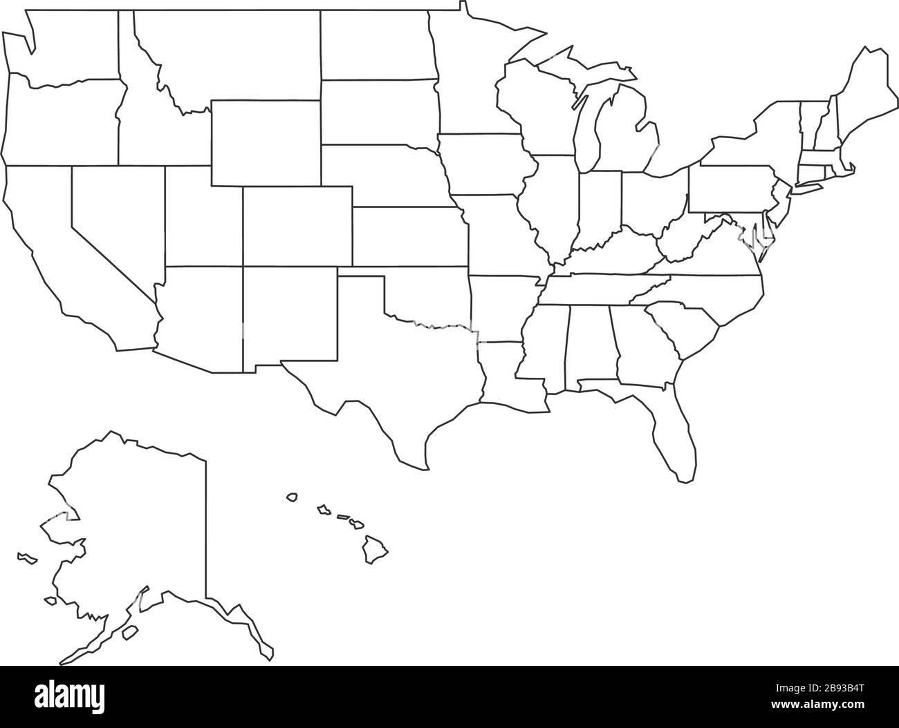 Carte des contours des États-Unis d'Amérique, contour avec limites des États. Style de ligne. Illustration vectorielle de stock isolée sur fond blanc. Illustration de Vecteur