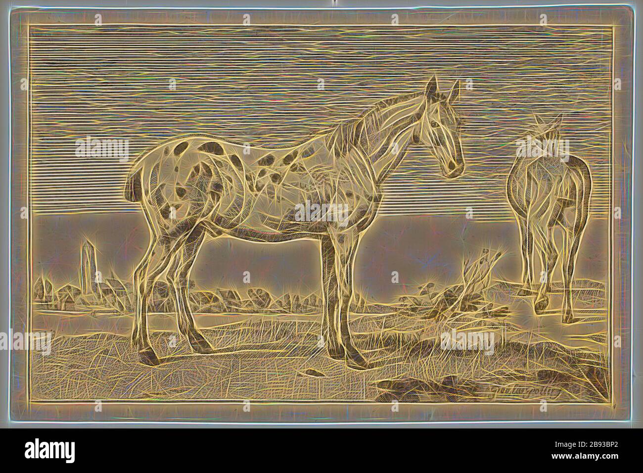 Artiste anonyme, après Paul Potter, néerlandais, 1625 - 1654, The Cropped Horse, 1652, copie 1887, gravure, gravure et roulette imprimée à l'encre noire sur papier ponté, plaque: 6 × 9 1/4 pouces (15.2 × 23.5 cm), repensée par Gibon, conception de glanissement chaleureux et de rayons de lumière. L'art classique réinventé avec une touche moderne. La photographie inspirée du futurisme, qui embrasse l'énergie dynamique de la technologie moderne, du mouvement, de la vitesse et révolutionne la culture. Banque D'Images