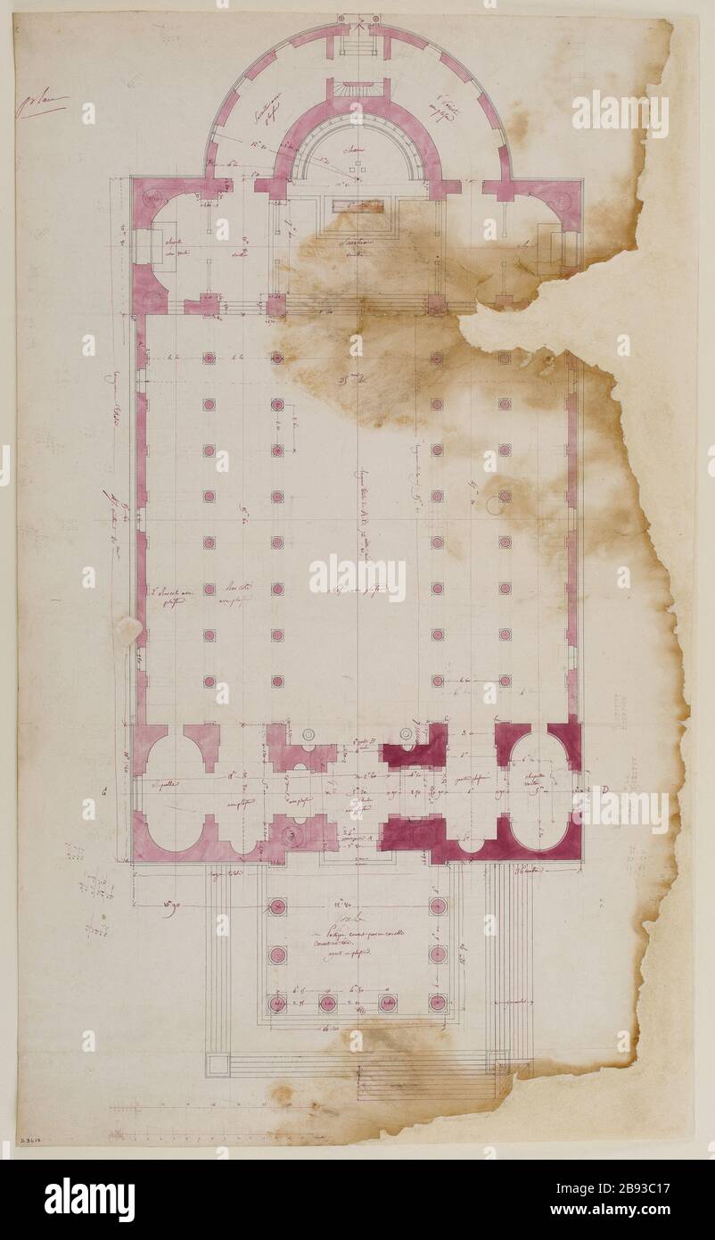 Carte de l'Église notre-Dame de Loreto Achille-François-René Leclière (1785-1853). Plan de l'Église notre-Dame de Lorette. Crayon, erre de Chine à la plume et aquarelle rose sur papier, 1823-1823. Musée Carnavalet, Histoire de Paris. Banque D'Images