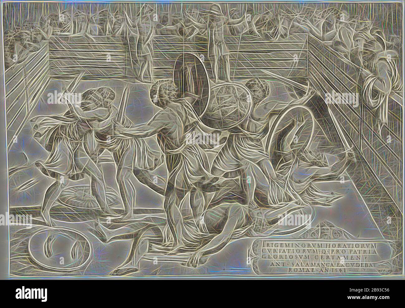 Manière de Marcantonio Raimondi, italien, 1487-1534, après Giulio Romano, italien, 1499-1546, combat of the Horatii et le Curiatii, 1541, gravure imprimée à l'encre noire sur papier ponté, feuille (taillée dans la marque de la plaque): 27,9 × 40,6 cm (11 × 16 pouces), repensé par Gibon, design de brillant chaleureux de luminosité et de rayonnement de rayons lumineux. L'art classique réinventé avec une touche moderne. La photographie inspirée du futurisme, qui embrasse l'énergie dynamique de la technologie moderne, du mouvement, de la vitesse et révolutionne la culture. Banque D'Images