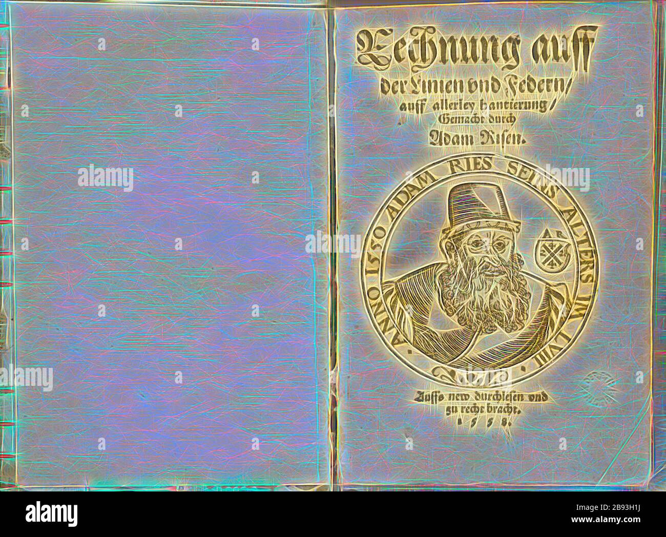 Adam Riese, Portrait d'Adam Riese, la seule figure contemporaine de la calculatrice, page de titre, Riese, Adam (del.), 1550, Adam Ries: Recnx auff der Linien und Federn, auff allerley hantierung gemacht durch Adam ressuscité. [Wittenberg]: [Georg Rhau], 1558, repensé par Gibon, design de gaie chaleureuse de luminosité et de rayons de lumière radiance. L'art classique réinventé avec une touche moderne. La photographie inspirée du futurisme, qui embrasse l'énergie dynamique de la technologie moderne, du mouvement, de la vitesse et révolutionne la culture. Banque D'Images