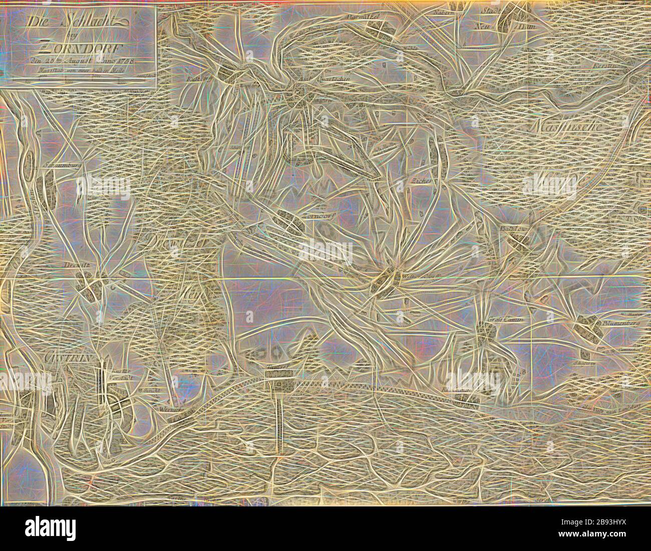 Bataille à Zorndorf, Plan de bataille de Zorndorf le 25 août 1758, signé : signé par J. F. Schneider., Bomb, gravé c., c.c. Glassbach, fig. 3, 1 er tableau, selon la p. 387, Schneider Bombardier, J. F. (gez.), Glassbach, Carl Christian (Gest.), Georg Friedrich von Tempelhoff, Henry Lloyd: Geschichte des siebenjährigen Krieges in Deutschland, zwischen dem Könige von Preussen und der erin Königin mit Kaisirvren General. ALS eine Fortsetzung der Geschichte des General Lloyd. BD 2. Berlin: Gedrukt und verlegt von Johann Friedrich Unger, 1785, réimaginé par Gibon, desig Banque D'Images