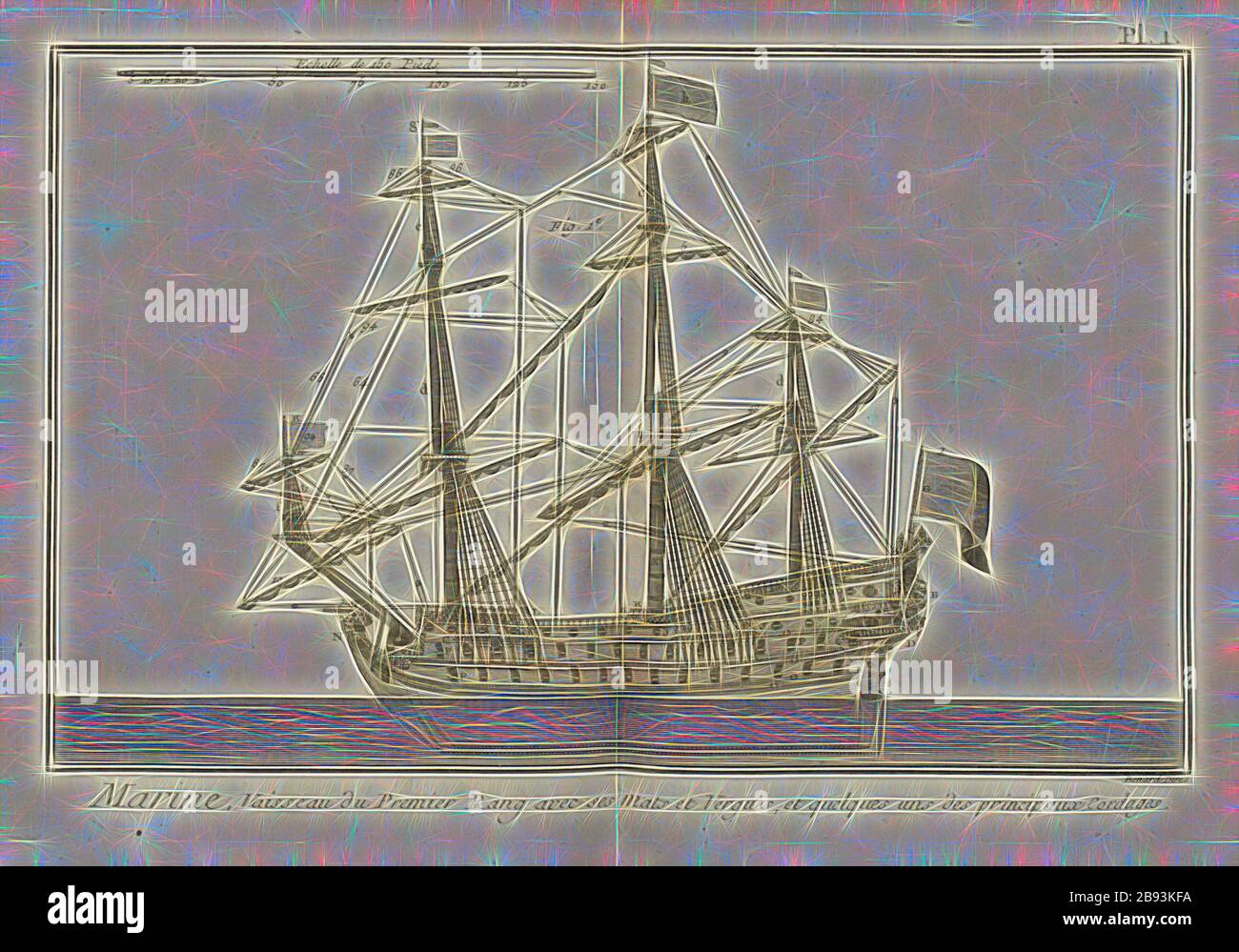 Marine, navire de premier rang avec tapis et Vergues, et quelques-unes des cordes principales, navire de guerre, signé: Benard Direx, PL. 1, à la p. 14, Benard (dir.), 1778, Denis Diderot, M. d'Alembert: Encyclopédie, ou dictionnaire raisonné des sciences, des arts et des arts, des arts et des métiers. Genève: chez Pellet, MDCCLXXVIII [1778], réimaginé par Gibon, design chaleureux et gai, lumineux et lumineux. L'art classique réinventé avec une touche moderne. Photographie inspirée par le futurisme, embrassant l'énergie dynamique de la technologie moderne, le mouvement, la vitesse et révolutionnez la culture. Banque D'Images