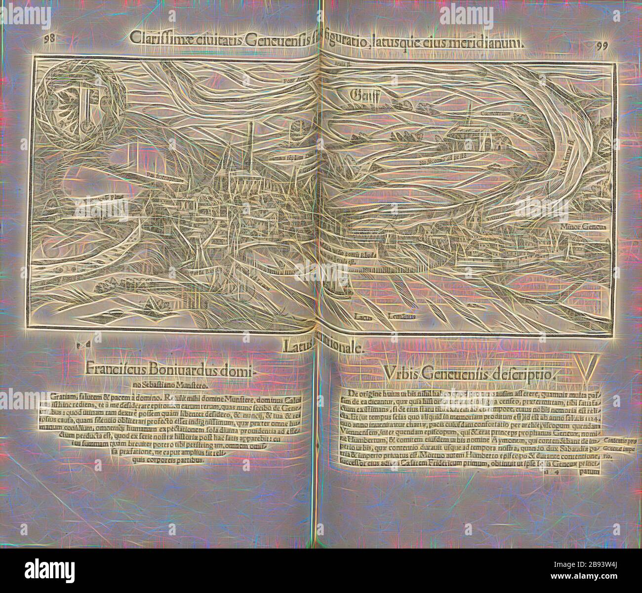 Le site de la ville de Genève le plus précieux, illustration de la ville de Genève du XVIe siècle, fig. 19, p. 98 et 99, 1548, Sebastian Münster: Cosmographiae universalis Lib. VI. Dans quibus, iuxta certioris fidei scriptorum traditionem describuntur, Omniu[m] habitabilis orbis partiu[m] siteus [...] Omnium gentium mœurs, leges, religio, res gestae, mutationes [...]. Liber II [Bâle]: [Petri], [1552], réimaginé par Gibon, conception de lumière chaleureuse et gaie, radiance de la lumière. L'art classique réinventé avec une touche moderne. Photographie inspirée par le futurisme, embrassant l'énergie dynamique de M. Banque D'Images