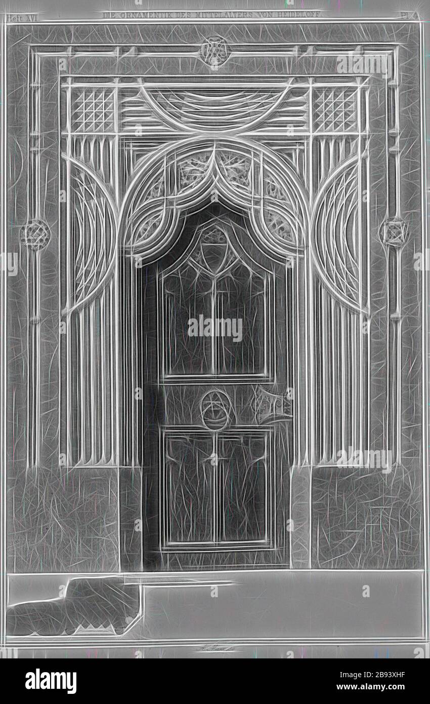 Porte ornée 2, illustration d'une porte avec magnifique ornement du XIXe siècle, signée : A. Maxx sc, PL. 4, p. 111, Maxx, A., 1846, Carl Heideloff: Die Ornamentik des Mittelalters: Eine Sammlung auserwählter Verziehrungen und Profile byzantinischer und deutscher Architektur = les orniments du -1847, repensé par Gibon, design de gai gai gai gai gai de luminosité et de rayons de lumière. L'art classique réinventé avec une touche moderne. La photographie inspirée du futurisme, qui embrasse l'énergie dynamique de la technologie moderne, du mouvement, de la vitesse et révolutionne la culture. Banque D'Images