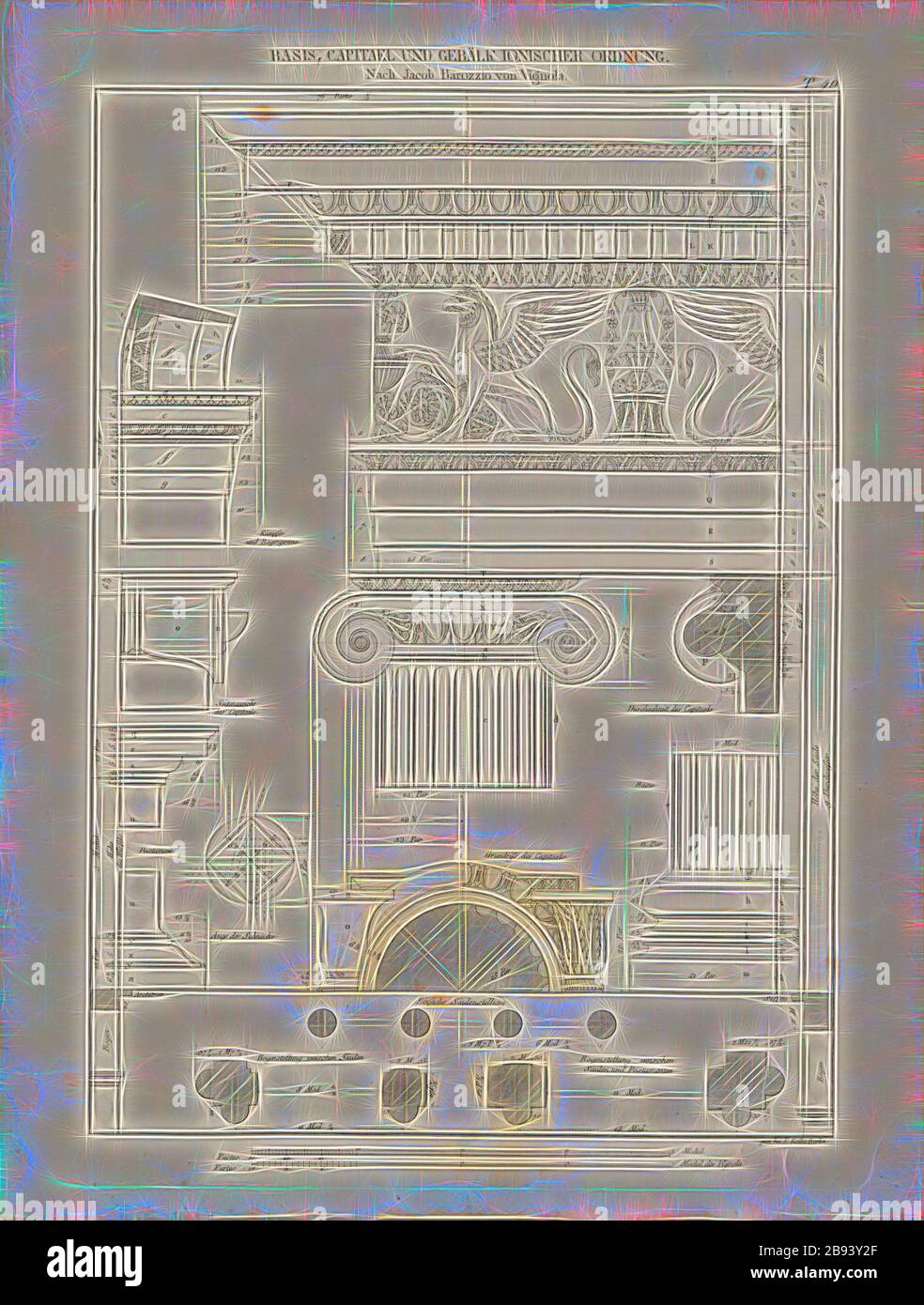 Base, Capità et poutres d'ordre ionique après Jacob Barozzio de Vignola, Détails sur les piliers après Barozzi da Vignola, signé: Mort à K. Kolbe Berlin, bar 49, après p. 116, Kolbe, Karl Wilhelm (sc.), Johann Mattäus von Mauch: Neue systematische Darung Architecder ektonischen Ordneumstannen, der Baumstellen und Römer. Dritte Auflage. Potsdam: Verlag von Ferdinand Riegel, 1845, réimaginé par Gibon, conception de lumière chaude et gaie, radiance de rayons de lumière. L'art classique réinventé avec une touche moderne. Photographie inspirée par le futurisme, embrassant l'énergie dynamique de la technologie moderne Banque D'Images
