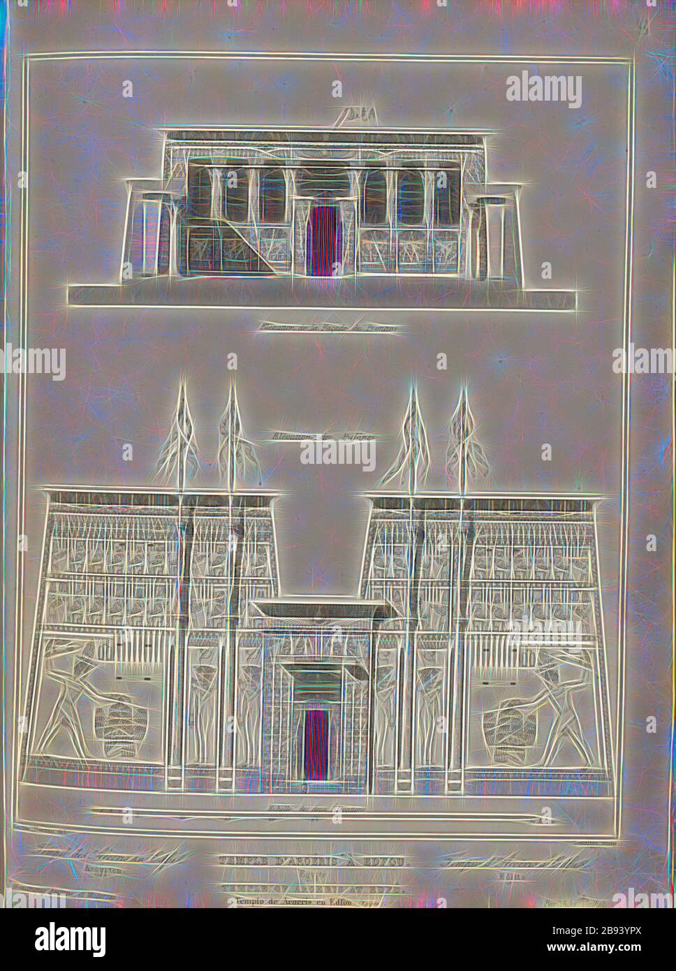 Temple d'Aroeris à Edfu 2, pylône du Temple d'Edfu, signé : H. Horeau (DEL.), Lemaitre (chabot.), fig. 36, p. 157, Horeau, H. (DEL.), Lemaitre, Augustin François (chabp.), 1853, Jules Gailhabaud : monuments anciens et modernes. BD 1. Paris : Librairie de Firmin Didot frères, 1853 ans, réimaginé par Gibon, design chaleureux et gai, lumineux et lumineux. L'art classique réinventé avec une touche moderne. Photographie inspirée par le futurisme, embrassant l'énergie dynamique de la technologie moderne, le mouvement, la vitesse et révolutionnez la culture. Banque D'Images