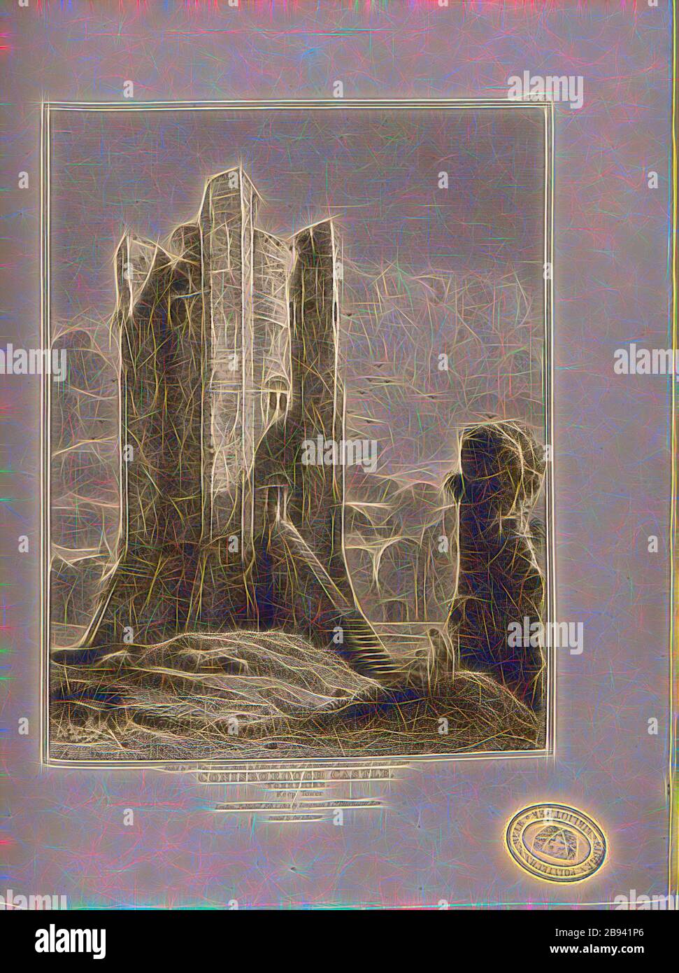 Château de Conisbrough, Yorkshire, Tour de donjon, Donjon du Château de Conisbrough dans le Yorkshire du Sud, signé : Etch'd by W. Wise from a Sketch by B. Howlet, publié par Longman & Co, Fig. 47, PL. I, après p. 147, Howlett, Bartholomew (croquis), Wise, W. (gravure), Longman & Co. (Publié), 1814, John Britton: Les antiquités architecturales de la Grande-Bretagne: Représentées et illustrées dans une série de vues, élévations, plans, sections et détails de divers édifices anglais anciens: Avec des comptes historiques et descriptifs de chacun. BD 4. Londres: J. Taylor, 1807-1826, réimaginé par Gibon, conception de Warm c Banque D'Images