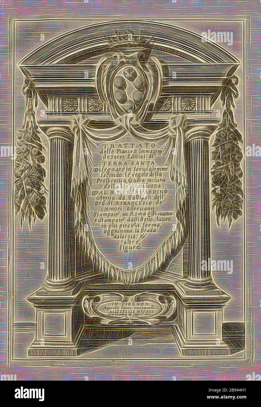 Titelblatt zu 'Traité des plantes, colonne niche et armoiries des Médicis, page de titre, 1620, Bernardino Amico da Gallipoli: Trattato delle Piante & Immagini de Sacri Edifizi di Terra Santa disegnate in Jerusemme secondo le regole della Prospettiva & vera misura della grandezza. Firenza: Appresso Pietro Cecconcelli, 1620 (Am Schluss M.DC.XIX [1619]), réimaginé par Gibon, conception de chaleureux gai lumineux et lumineux rayonnant. L'art classique réinventé avec une touche moderne. Photographie inspirée par le futurisme, embrassant l'énergie dynamique de la technologie moderne, le mouvement, la vitesse et le RE Banque D'Images