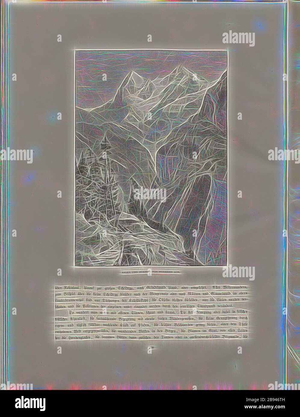 Eiger et moine de Mürren, vue de l'Eiger et moine de Mürren vu du 19ème siècle, signé: X. J. A. Closs, Meyer, Andr., Disen, Fig. 234, p. 268, Closs, Adolf, Meyer (sc.), Disen, Andreas Eduard, Woldemar Kaden: DAS Schweizerland: Eine Sommerfahrt durch Gebirg und Thal. Stuttgart: Engelhorn, 1875 ans, repensé par Gibon, design chaleureux et gai lumineux, lumineux et radiance des rayons lumineux. L'art classique réinventé avec une touche moderne. Photographie inspirée par le futurisme, embrassant l'énergie dynamique de la technologie moderne, le mouvement, la vitesse et révolutionnez la culture. Banque D'Images