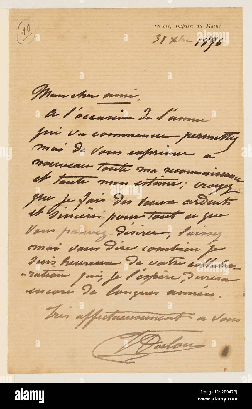 Autograph lettre signée par le sculpteur Aimé-Jules Dalou son mlader Amedee Bertault, 31 décembre 1896 Dalou, Aimé-Jules (1838-12-31 - 1902-04-15), lettre autographe signifiée du sculpteur Aimé-Jules Dalou à son mouleur Amédée Bertault, 31 décembre 1896. 1896-12-31. Encre sur papier. Petit Palais, Musée des Beaux-Arts de la Ville de Paris. Banque D'Images