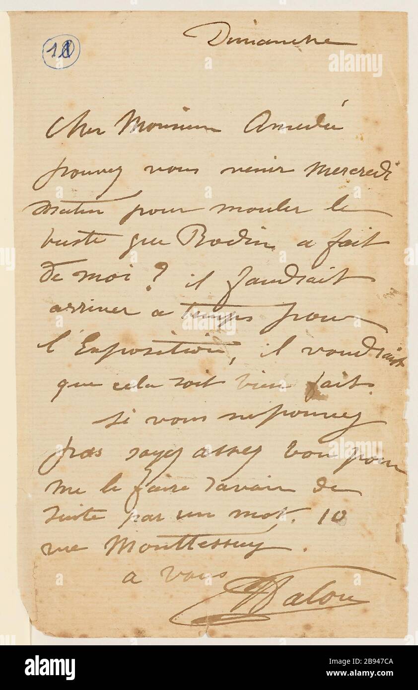 Lettre autographe signée du sculpteur Aimé-Jules Dalou son mlader Amedee Bertault, art. d. Dalou, Aimé-Jules (1838-12-31 - 1902-04-15), lettre autographe signe du sculpteur Aimé-Jules Dalou à son mouleur Amédée Bertault, art. d. Encre sur papier. Petit Palais, Musée des Beaux-Arts de la Ville de Paris. Banque D'Images
