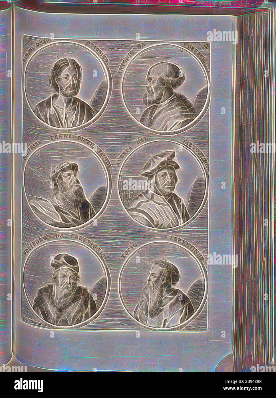 Raphaël Sanzio d'Urbino, Antonio da Corregio, Ion. Franc. Penni a dit que fait, Andrea del Sarto -Flores, Polidoro da Caravaggio, Rosso Florence, Portrait de Raffaello Sanzio, Antonio Allegri da Corregio, Giovanni Francesco Penni, Andrea del Sarto, Polidoro da Caravaggio, Giovanni di Bartolo Rosso, signé: I. v. Chr., Sandrart d, P. Kilian s, Fig. 13, N, après p. 64, Sandrart, Joachim von (DEL.), Kilian, Philipp (sc.), 1774, Joachim von Sandrart:Teutsche Academie der Bau- Bildhauer- und Maler-Kunst: Worinn die Regeln und Lehrsätze dieser Künste gebegung der, Erwerder und der Banque D'Images