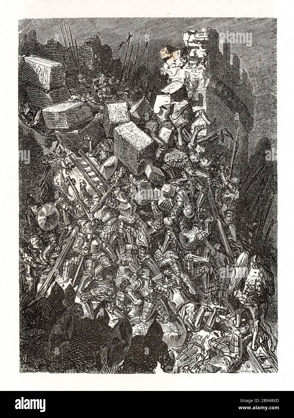 L'assaut. Illustration pour Honoré de Balzac, The Tales comical, Paris: General Society Library, 1855 (note: R8 ° Cc1405) Gustave Doré (1832-1883), dessinateur et Maurice Dumont (1869-1899), cimetière. 'L'assaut.' Illustration pour Honoré de Balzac, 'les Contes drolatiquess', Paris : Société générale de librairie, 1855'. Gravure sur bois. Paris, Maison de Balzac. Banque D'Images