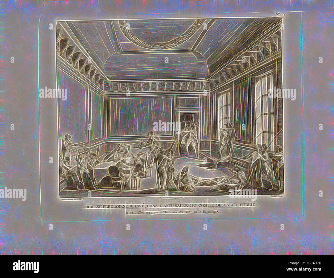 Robespierre a blessé, dans la salle anti-hall du Comité de sécurité publique, le 28 juillet 1794, ou 10 Thermidor, année 2. De la République, Maximilien de Robespierre après arrestation le 28 juillet 1794 au Palais des Tuileries à Paris, signé: Duplessi-Bertaux inv. Et del, Duplessi-Bertaux aqua forti, chaboisseau de Berthault, fig. 40, non 107, après p. 432 (cent-septième tableau), Duplessi-Bertaux, Jean (inv. Et del., aqua fortiti), Berthault, Pierre-Gabriel (sc.), Collection complète des tableaux historiques de la Révolution française en trois volumes [...]. BD 2. A Paris : chez Auber, Editeur et seul Pro Banque D'Images