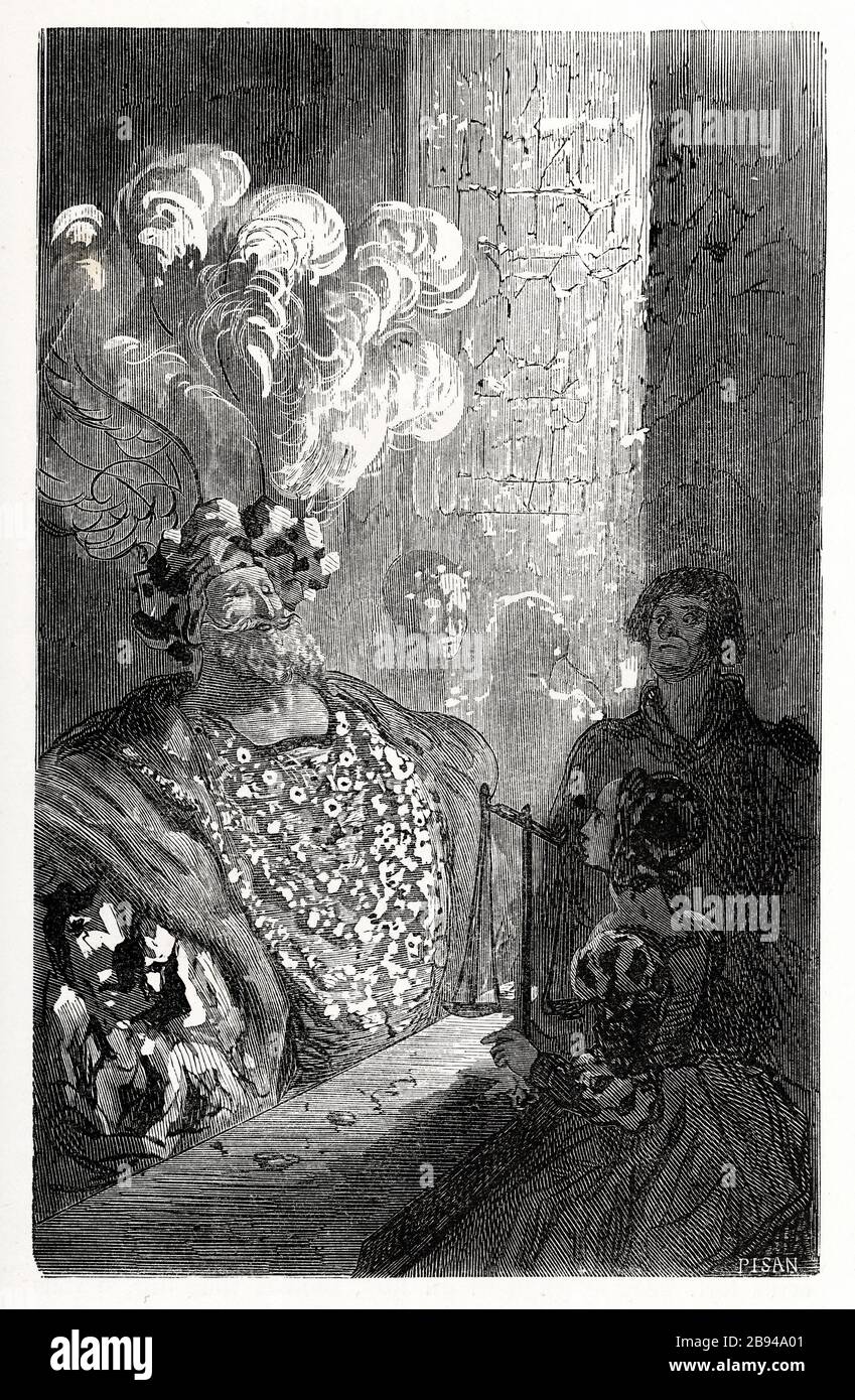 Le Roy au bijoutier. Illustration pour Honoré de Balzac, The Tales comical, Paris: General Society Library, 1855 (note: R8 ° Cc1405) Gustave Doré (1832-1883), dessinateur et Héliodore Pisan (1822-1890), graveur. 'Le Roy chez l'orphebvre.' Illustration pour Honoré de Balzac, 'les Contes drolatiquess', Paris : Société générale de librairie, 1855'. Gravure sur bois. Paris, Maison de Balzac. Banque D'Images