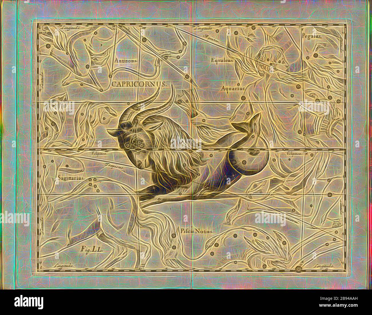 Capricornus, carte de la constellation Capricorne, fig. 39, fig. LL, à la p. 21, Johannes Hevelius, Johann Ernst von Schmieden: Johannis Hevelii prodromus astronomiae, exposants fundamenta, quae tam ad novum planè & correctiorem stellarum fixarum catalogum construgeneum, quàm ad onmium planetarum as corrigendas omnimodè rodeterinus, nec nossimasimeties, nálólólólálólólólólólólálólólólólólólólólól Gedani: Tylis Johannis-Zachariae Stollii, 1690, réinventé par Gibon, design de glanissement chaleureux et gai de la luminosité et des rayons de lumière radiance. L'art classique réinventé avec un Banque D'Images
