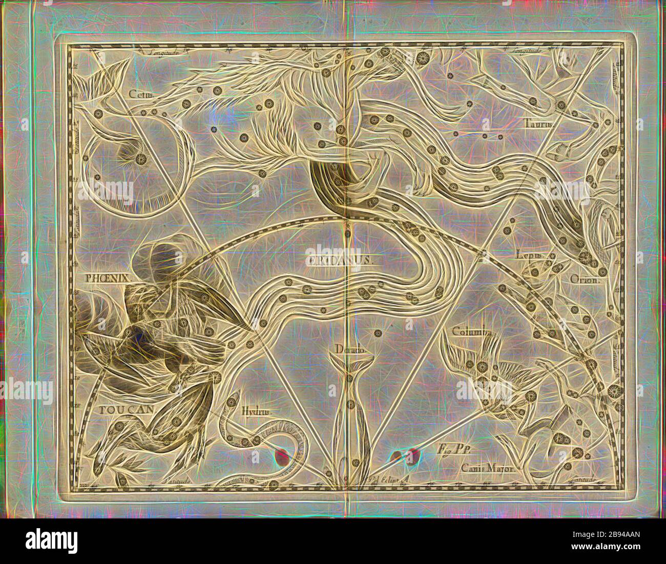 Eridanus, carte de la constellation Eridanus, fig. 43, fig. PP, à la p. 21, Johannes Hevelius, Johann Ernst von Schmieden: Johannis Hevelii prodromus astronomiae, exposants fundamenta, quae tam ad novum planè & correctiorem stellarum fixarum catalogum construgeneum, quàm ad onmium planetarum as corrigendas omnimodè rodeterinus, nec nossimaritarios, nálós, nálólálólólólólólólólálólólólólólólóló Gedani: Tylis Johannis-Zachariae Stollii, 1690, réinventé par Gibon, design de glanissement chaleureux et gai de la luminosité et des rayons de lumière radiance. L'art classique réinventé avec un mode Banque D'Images