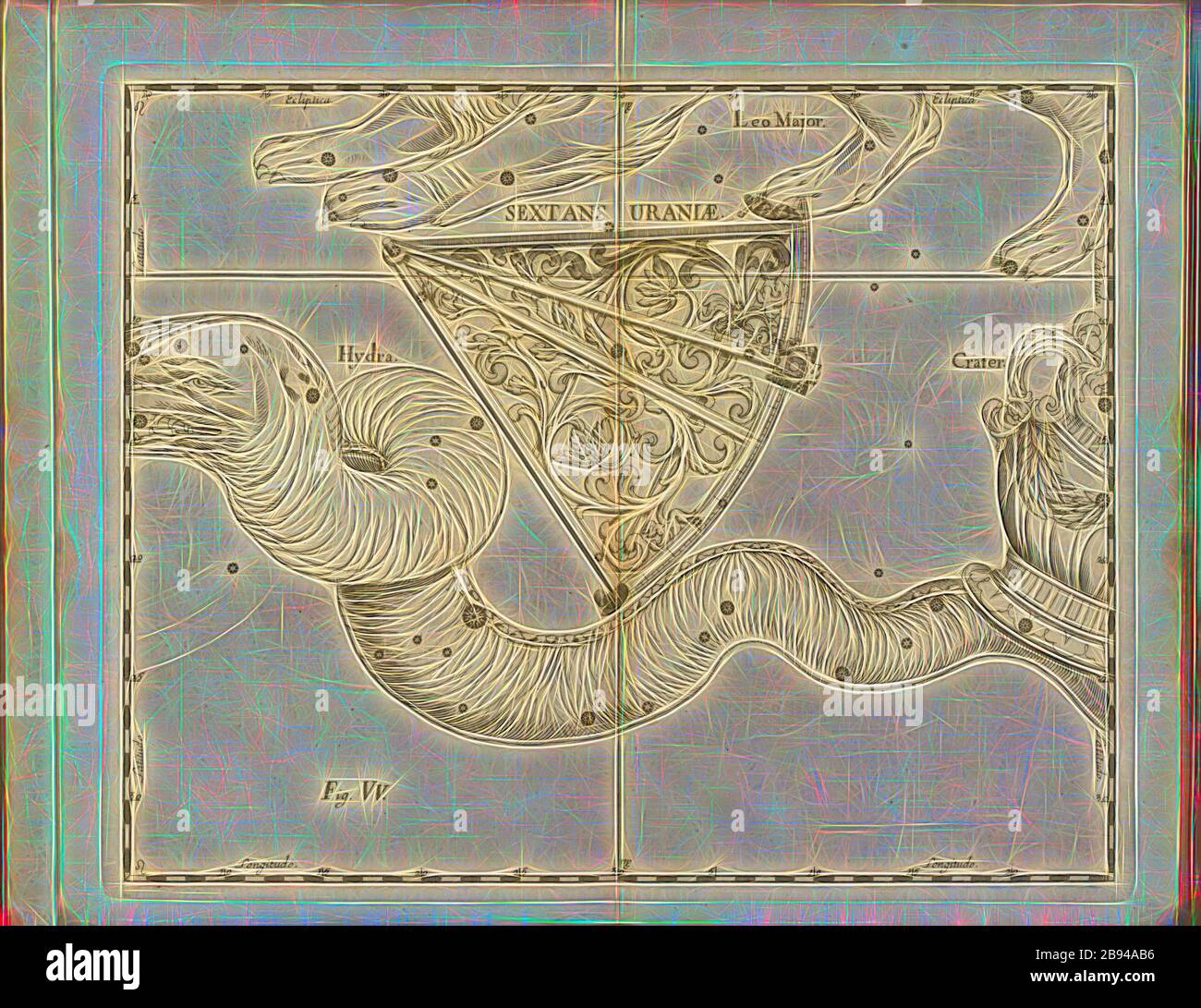 Sextans, carte de la constellation sextant, fig. 48, Fig., à la p. 21, Johannes Hevelius, Johann Ernst von Schmieden: Johannis Hevelii prodromus astronomiae, exposants fundamenta, quae tam ad novum planè & correctiorem stellum fixarum catalogum construendeum, quàm ad onmium planetarium as corrigendas nimanesanálódica, nec rodódicios, nálódica, nódica, nódica. Gedani: Tylis Johannis-Zachariae Stollii, 1690, réinventé par Gibon, design de glanissement chaleureux et gai de la luminosité et des rayons de lumière radiance. L'art classique réinventé avec un tw moderne Banque D'Images