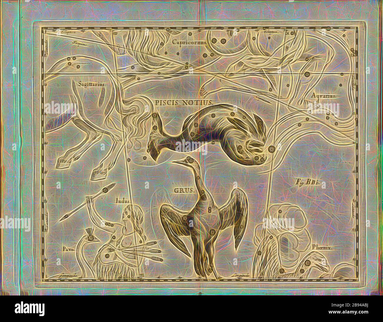 Poisson Notius, carte de la constellation du poisson du Sud (Piscis Austranus), fig. 54, fig. BBB, à la p. 21, Johannes Hevelius, Johann Ernst von Schmieden: Johannis Hevelii prodromus astronomiae, exposants fundamenta, quae tam ad novum planè & correctiorem stellarum fixarum catalogum construgeneum, quàm ad onmium planetarum as corrigendas omnodónimadicios, nec rodódicios, nódicios, nódicios, nódicios, nódicios, nódicios, nódica, nódica, nódica, Gedani: Tylis Johannis-Zachariae Stollii, 1690, réinventé par Gibon, design de glanissement chaleureux et gai de la luminosité et des rayons de lumière radiance. Classi Banque D'Images