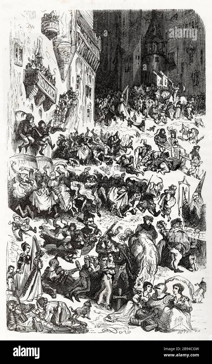 Une rue délicieuse à Tours. Illustration pour Honoré de Balzac, The Tales comical, Paris: General Society Library, 1855 (note: R8 ° Cc1405) Gustave Doré (1832-1883), dessinateur et Noël-Eugène Sotain (1816-1874), graveur. 'Rue dicieuse à Tours.' Illustration pour Honoré de Balzac, 'les Contes drolatiquess', Paris : Société générale de librairie, 1855'. Gravure sur bois. Paris, Maison de Balzac. Banque D'Images