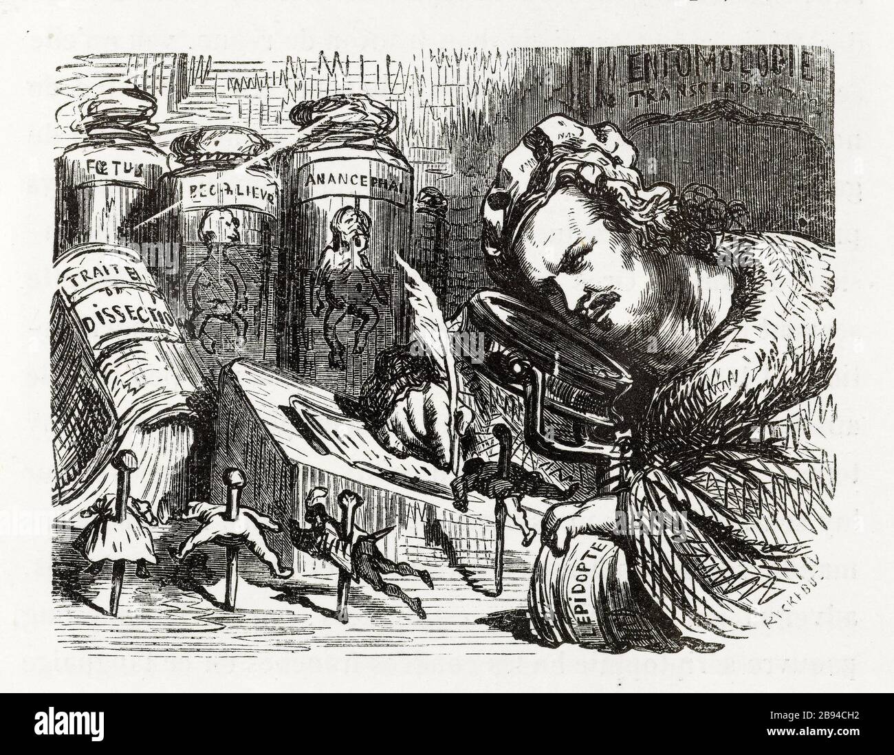 Entomologue de Balzac. Illustration pour Honoré de Balzac, The Tales comical, Paris: General Society Library, 1855 (note: R8 ° Cc1405) Gustave Doré (1832-1883), dessinateur et Philippe Jules Joseph Ryckebusch (né en 1831), cimetière. 'Balzac l'entomologue.' Illustration pour Honoré de Balzac, 'les Contes drolatiquess', Paris : Société générale de librairie, 1855'. Gravure sur bois. Paris, Maison de Balzac. Banque D'Images
