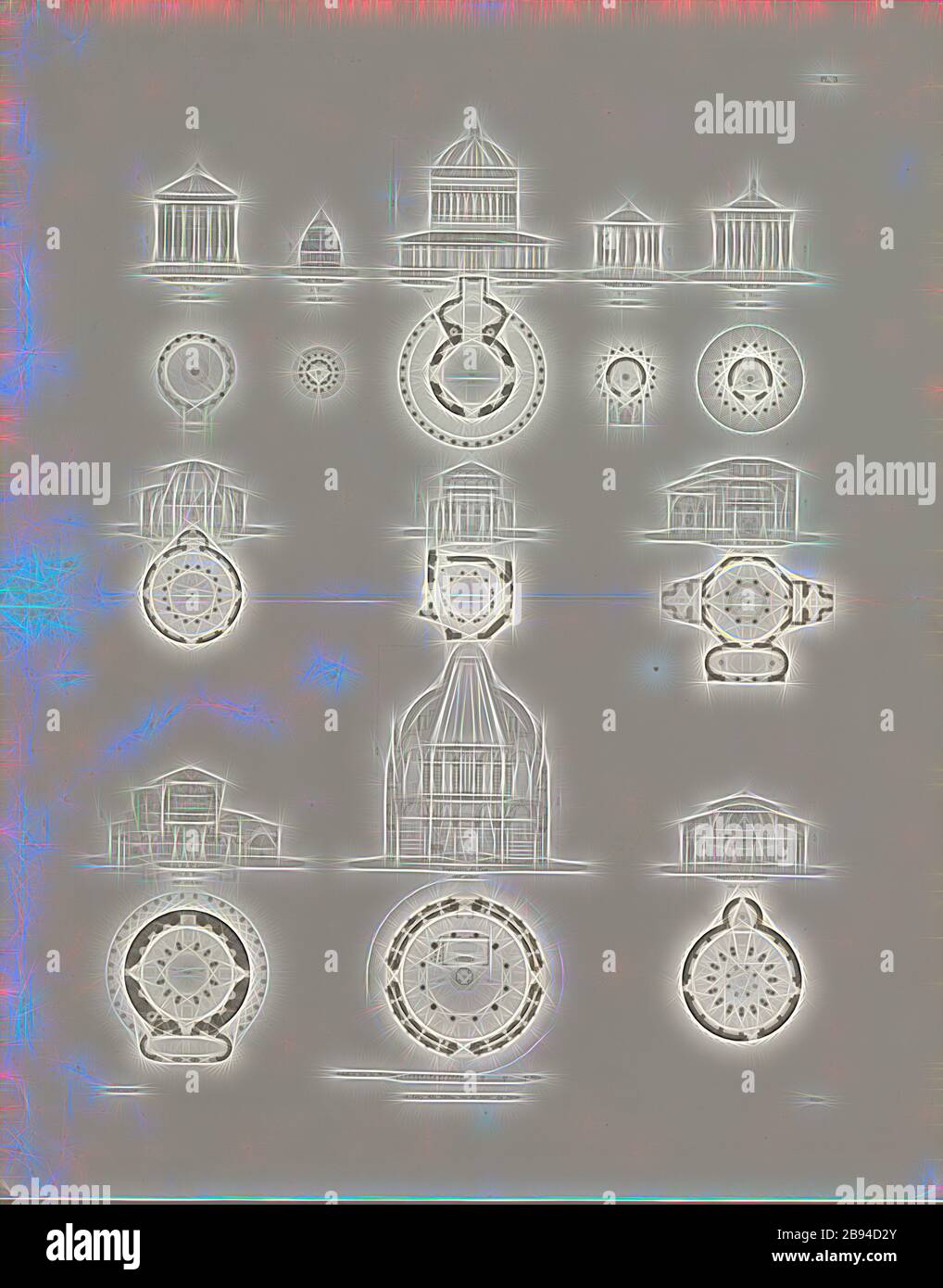 Structures au plan circulaire et octogonal 3, Temple de Hercule Gardien, à Rome, Temple de Vesta, à Tivoli, Temple de Vesta, à Rome, Chapelle dite temple de Bramante, à Rome, Église de la Madona de Campagna, près de Rome, Baptistère de, Constantin, à Rome, Tombeau de sainte Constance, Près de Rome, Baptistère de Nocera, Eglise de Saint-Etienne, à Bologne, Baptistère de Pise, Eglise Saint-Ange, à Pérouse, signé : E. Isabelle mens., & del, Hibon sc, A. Lévy fils Editeur, PL. 3, p. 32, Isabell, Charles Édouard (mens et del.), Hibon, Auguste (sc.), Lévy, A fils (dir.), Charles Édouard Isabelle : PA Banque D'Images