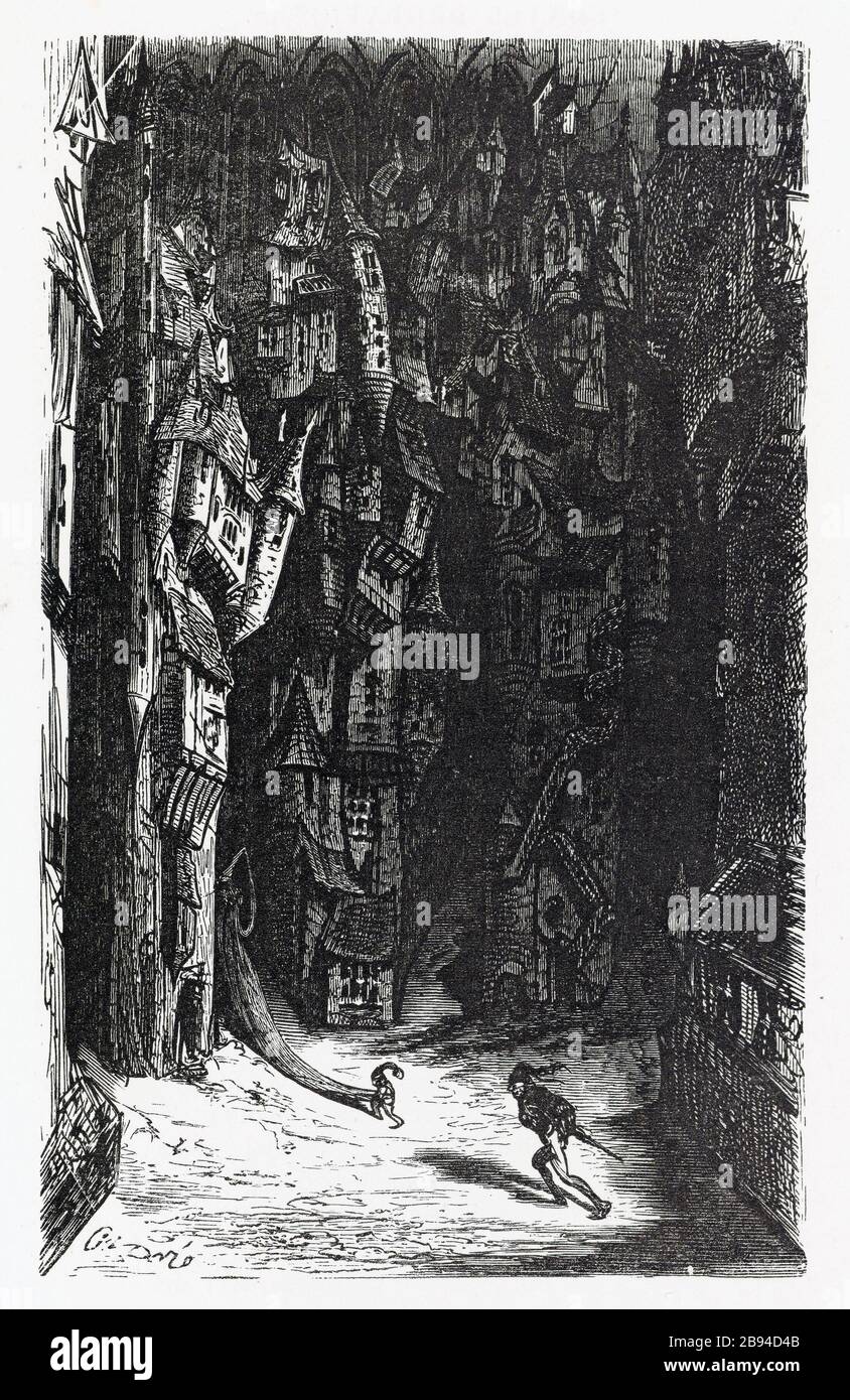Rues de perdition. Illustration pour Honoré de Balzac, The Tales comical, Paris: General Society Library, 1855 (note: R8 ° Cc1405) Gustave Doré (1832-1883), dessinateur et Adrien Lavieille (1818-1862), cimetière. « Mes. De perdition. » Illustration pour Honoré de Balzac, 'les Contes drolatiquess', Paris : Société générale de librairie, 1855'. Gravure sur bois. Paris, Maison de Balzac. Banque D'Images