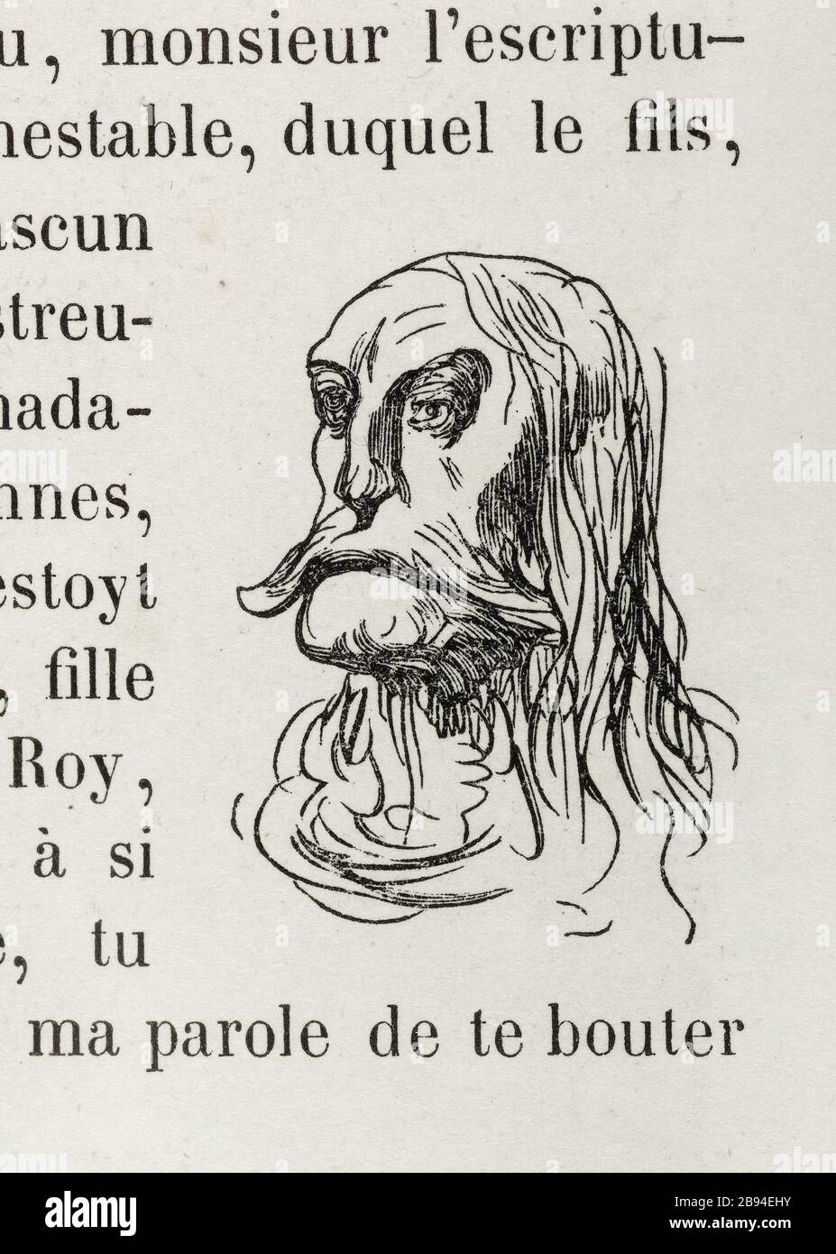 M. Constable, dont le fils, comme tout le monde, a quitté Mme de HIS. Illustration pour Honoré de Balzac, The Tales comical, Paris : Bibliothèque de la Société générale, 1855 (rating: R8 ° Cc1405) Gustave Doré (1832-1883), dessinateur et Paul Riault (XIXème siècle), cimetière. 'Monsieur le consistable, duquel le fils, comme ung chascun scayt, avoyt laissé madame de Siennes.' Illustration pour Honoré de Balzac, 'les Contes drolatiquess', Paris : Société générale de librairie, 1855'. Gravure sur bois. Paris, Maison de Balzac. Banque D'Images